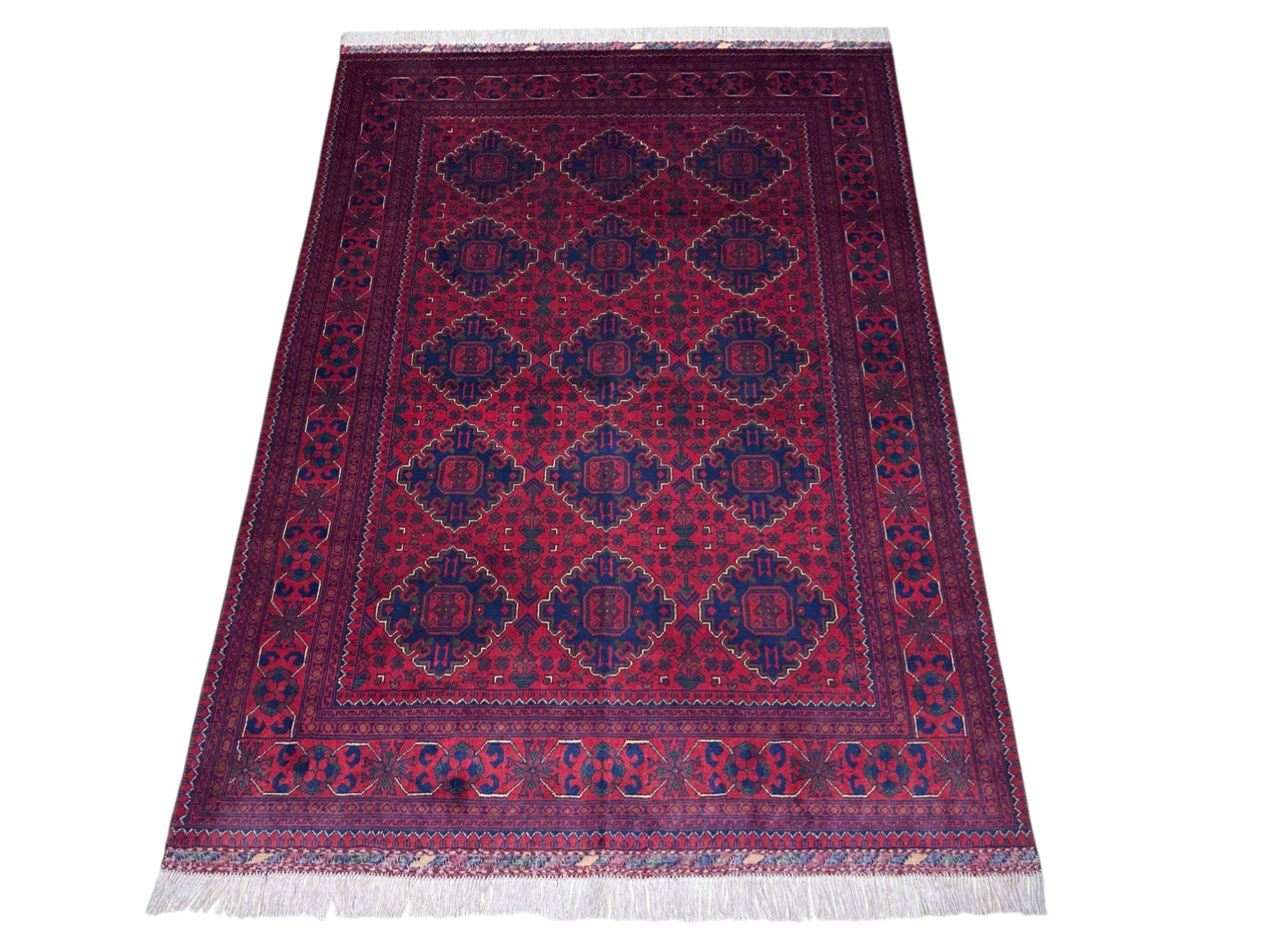 Hand-Knotted Afghani Khamyab Wool Rug Red,Blue 4'11" x 6'7"