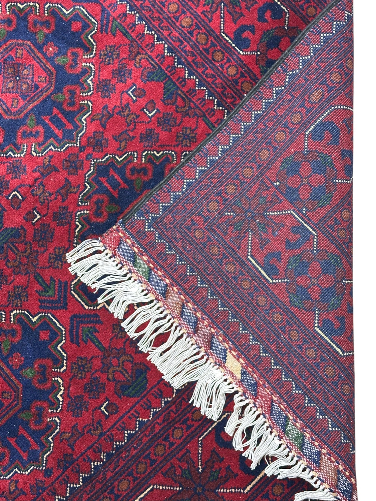 Hand-Knotted Afghani Khamyab Wool Rug Red,Blue 4'11" x 6'7"