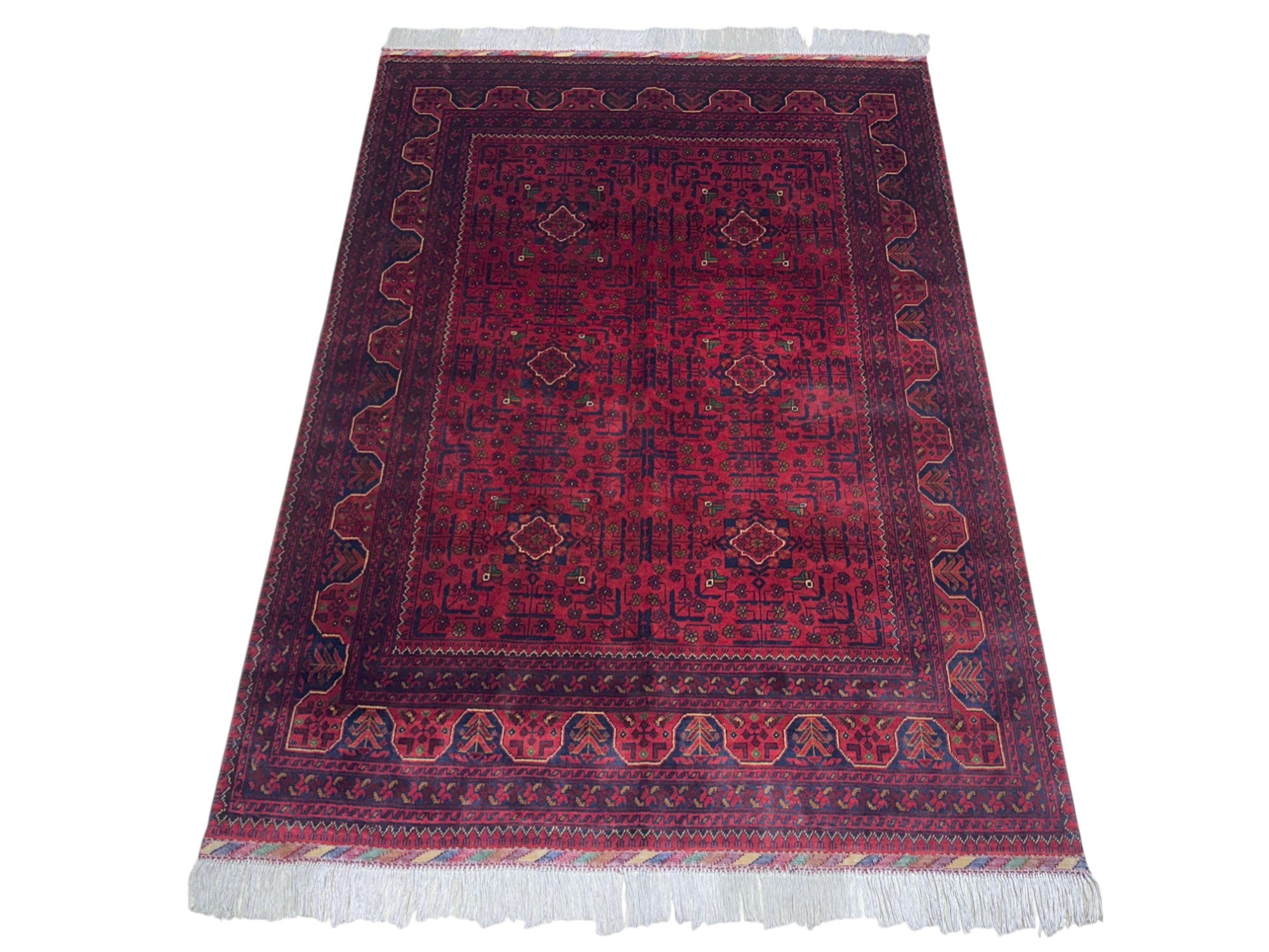 Hand-Knotted Afghani Bukharai Wool Rug Red,Blue 5' x 6'8"