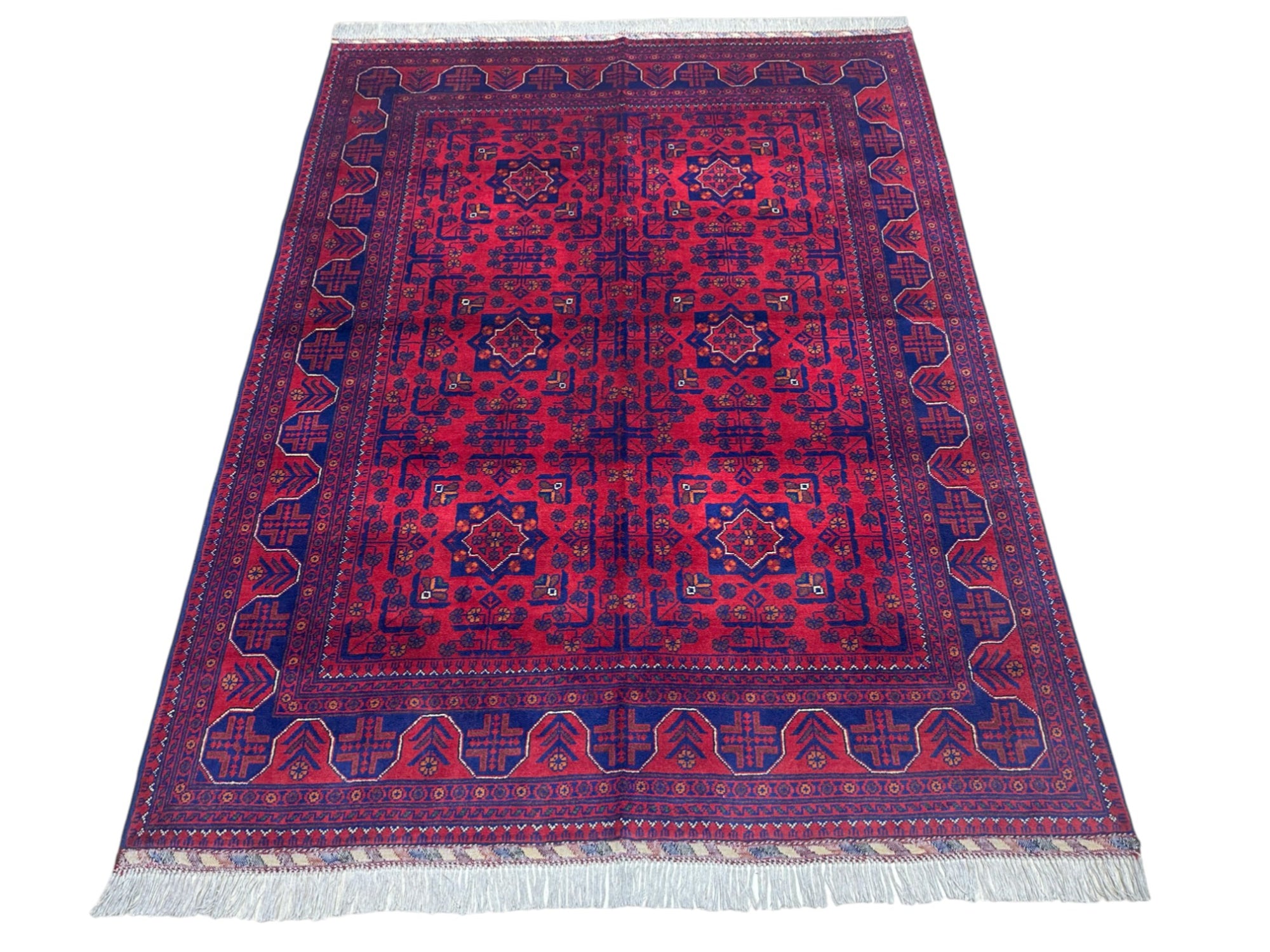 Hand-Knotted Afghani Bukharai Wool Rug Red,Blue 5' x 6'4"