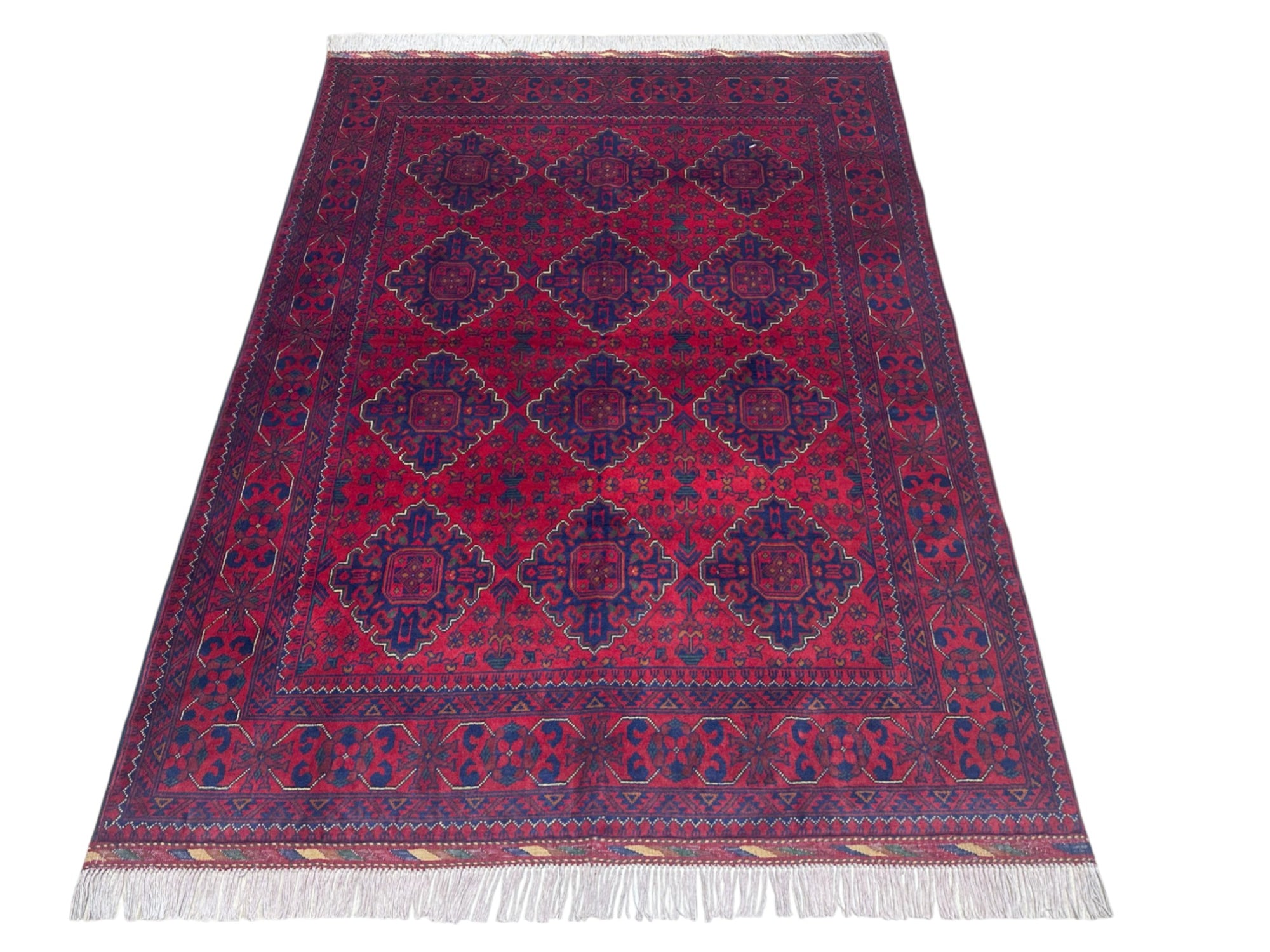 Hand-Knotted Afghani Khamyab Wool Rug Red,Blue 4'9" x 6'3"