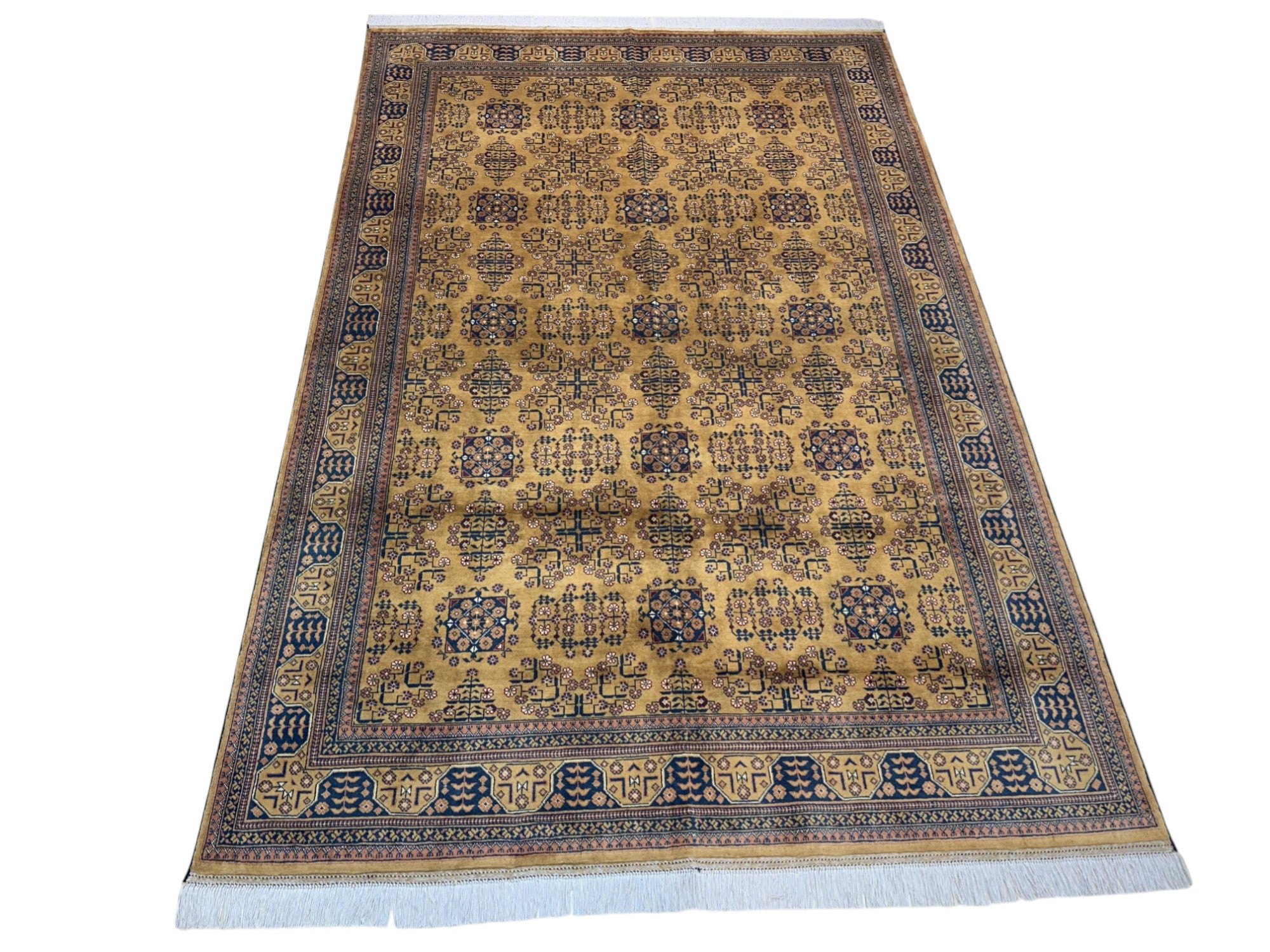 Hand-Knotted Afghani Bukharai Wool Rug Golden,Blue 6'6" x 9'8"