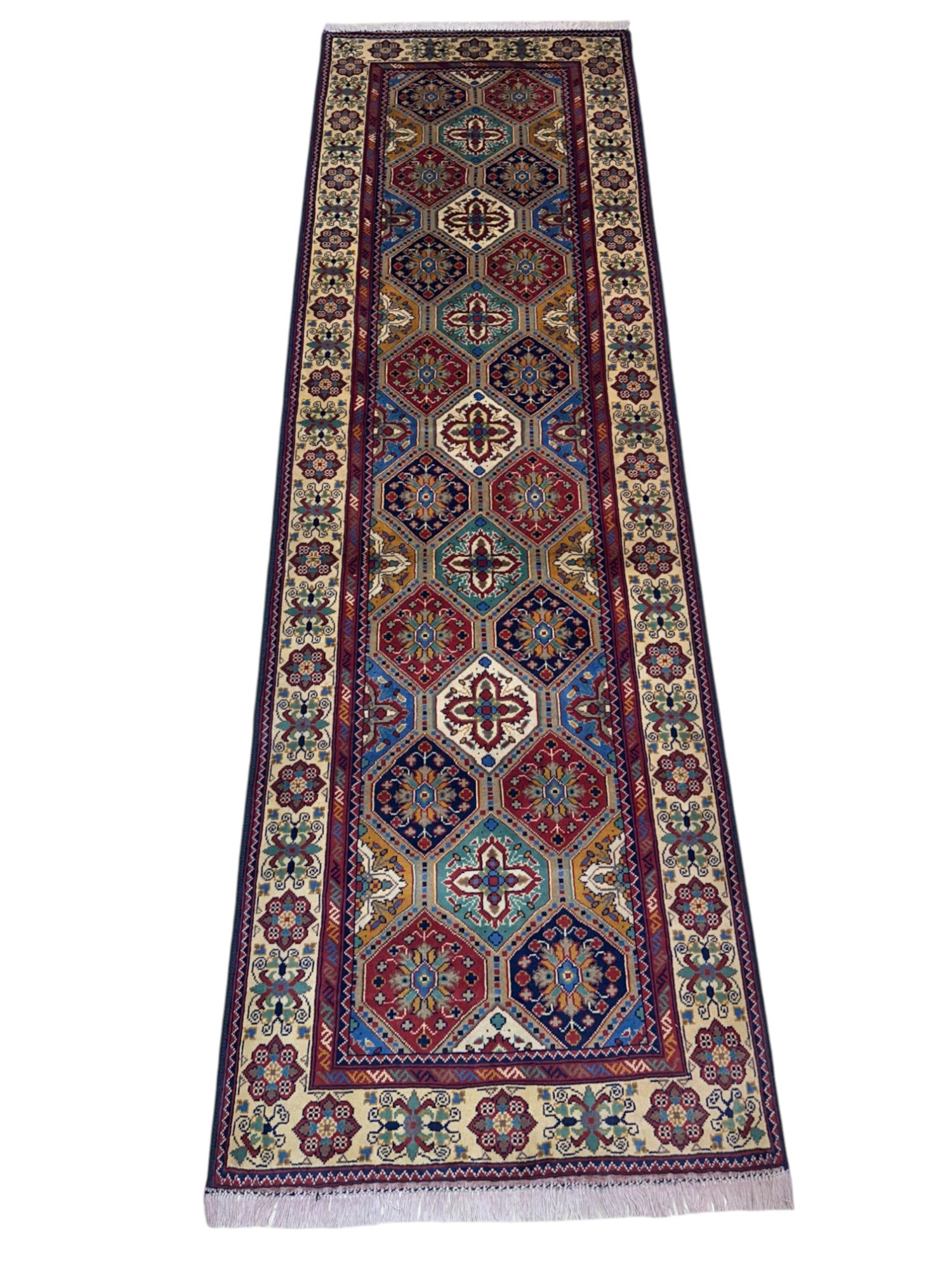 Hand-Knotted Afghani Kashi Wool Rug Cream,Red,Blue 3' x 9'7"