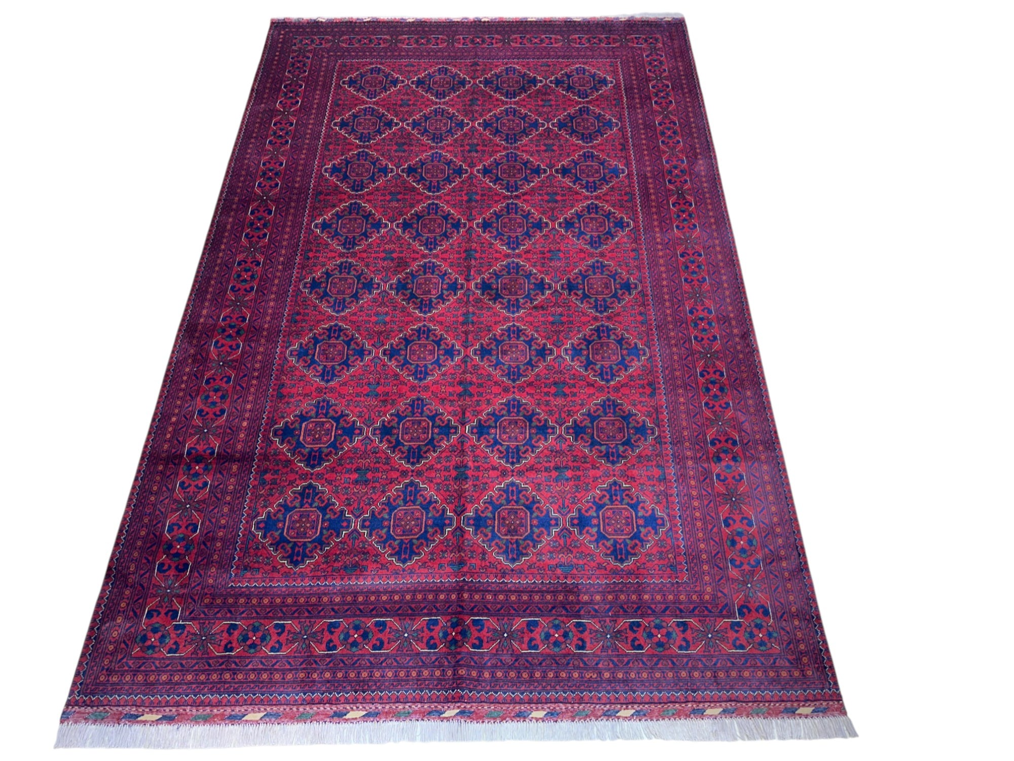 Hand-Knotted Afghani Khamyab Wool Rug Red,Blue 6'7" x 9'10"