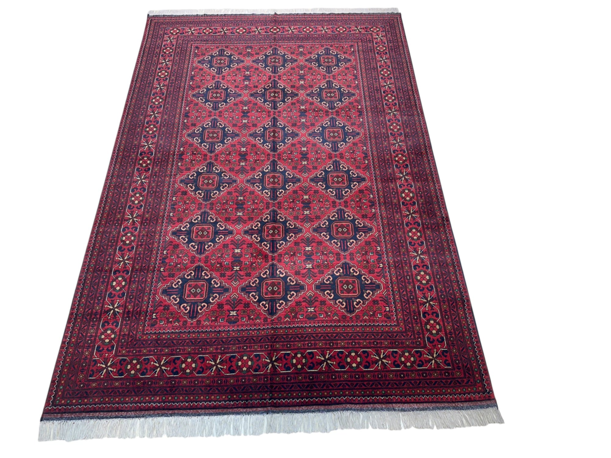 Hand-Knotted Afghani Khamyab Wool Rug Red,Blue 6'6" x 9'6"