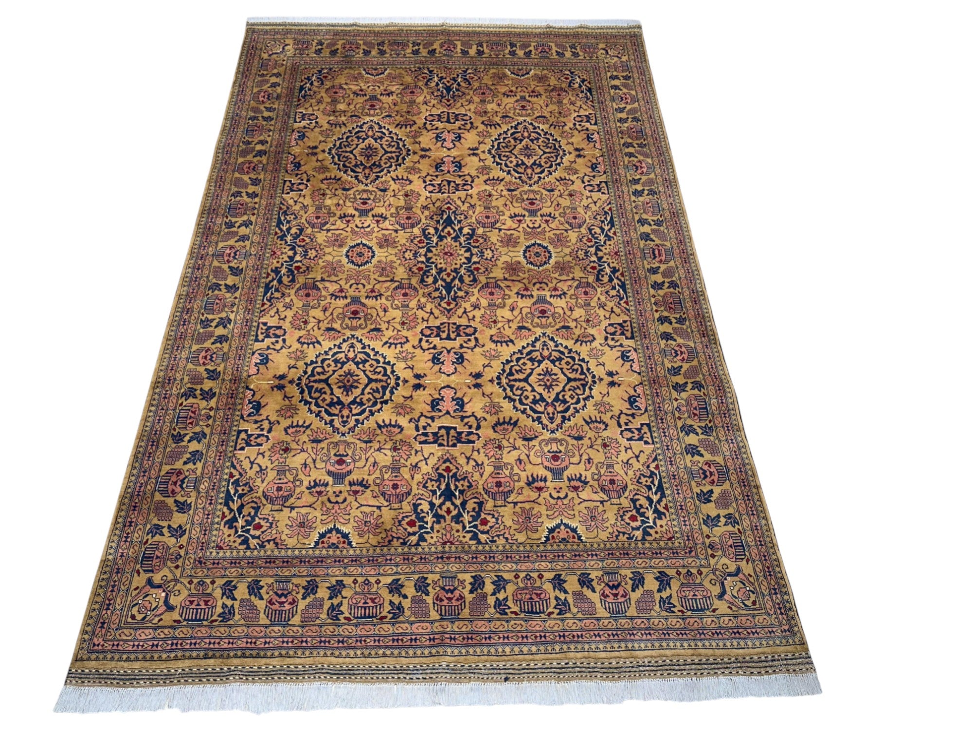 Hand-Knotted Afghani Koza Wool Rug Biege,Blue 6'6" x 9'9"