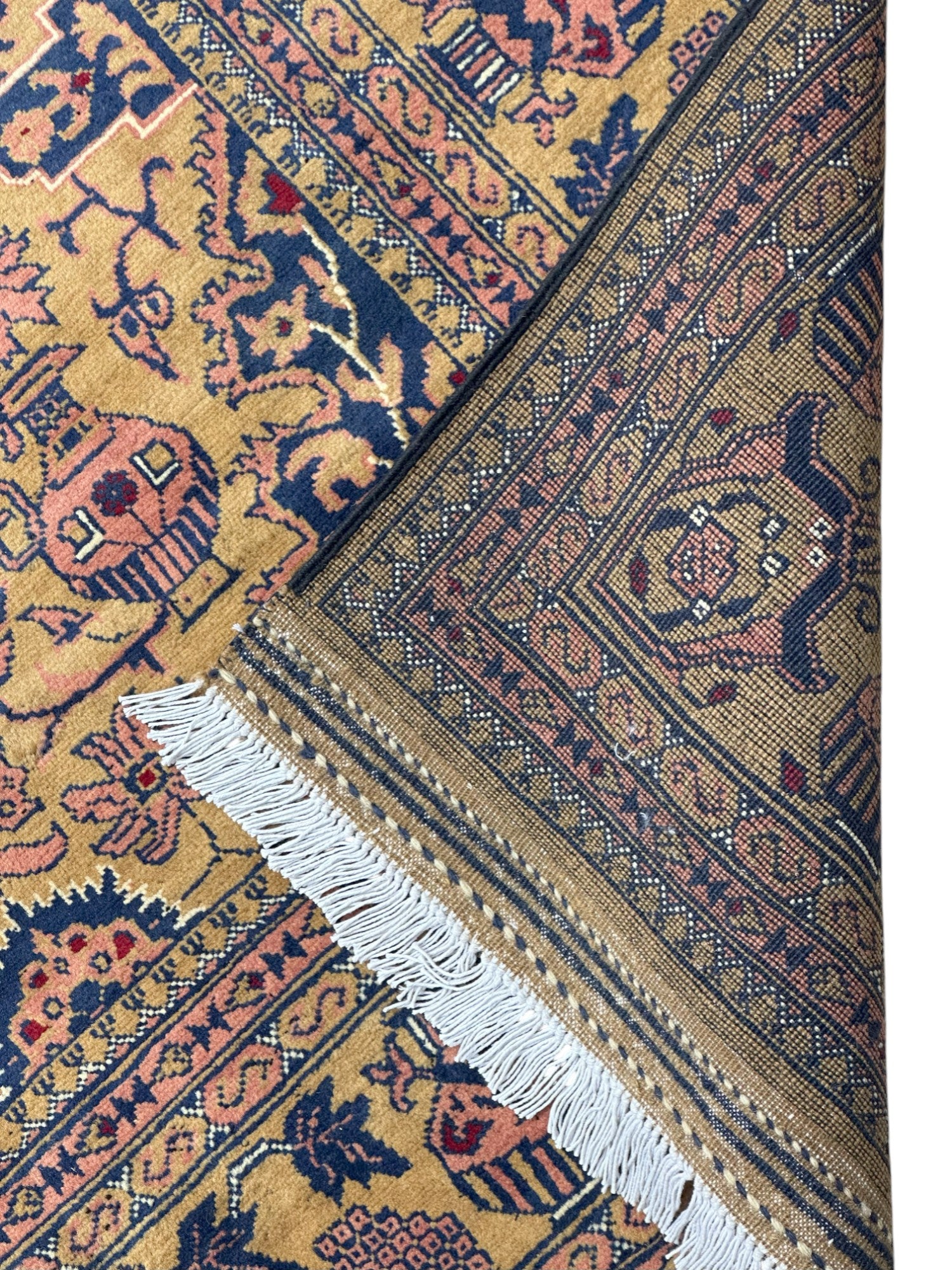 Hand-Knotted Afghani Koza Wool Rug Biege,Blue 6'6" x 9'9"