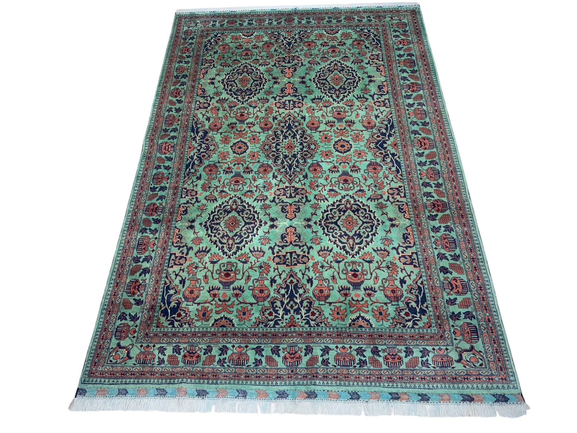 Hand-Knotted Afghani Koza Wool Rug Turquoise 6'8" x 9'9"