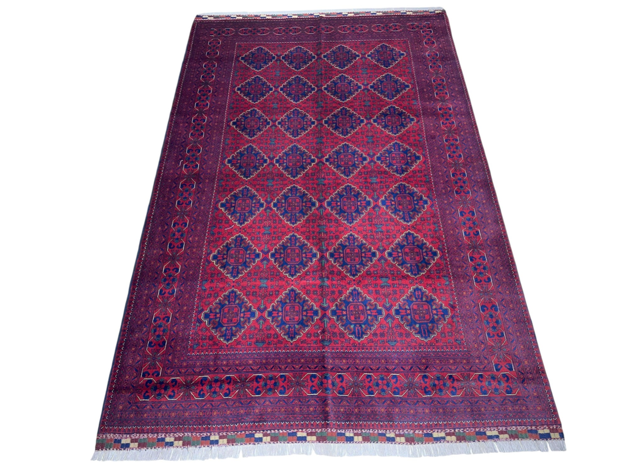 Hand-Knotted Afghani Khamyab Wool Rug Red,Blue 6'8" x 9'10"