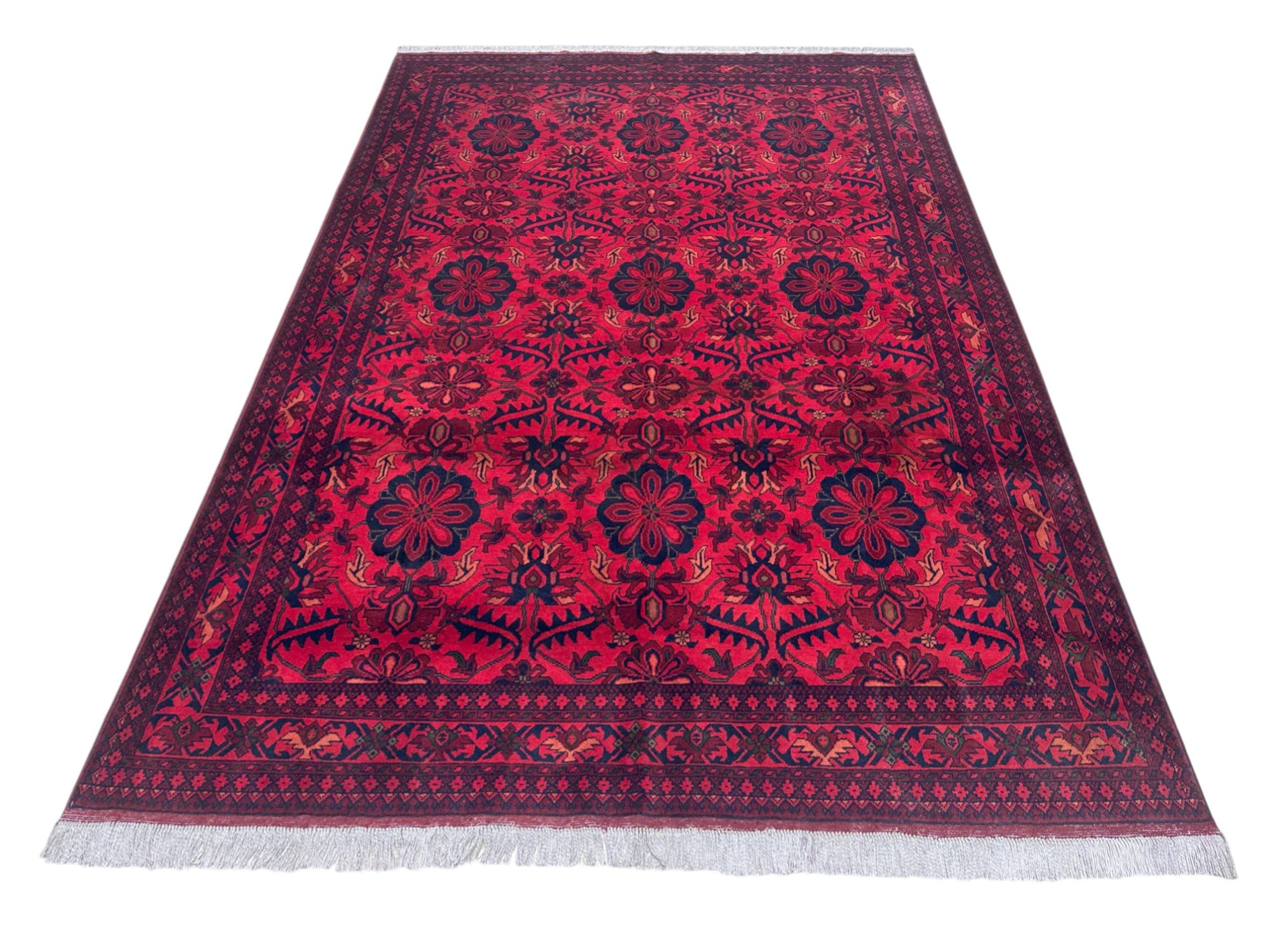 Hand-Knotted Afghani Flower Wool Rug Red,Blue 6'7" x 9'6"