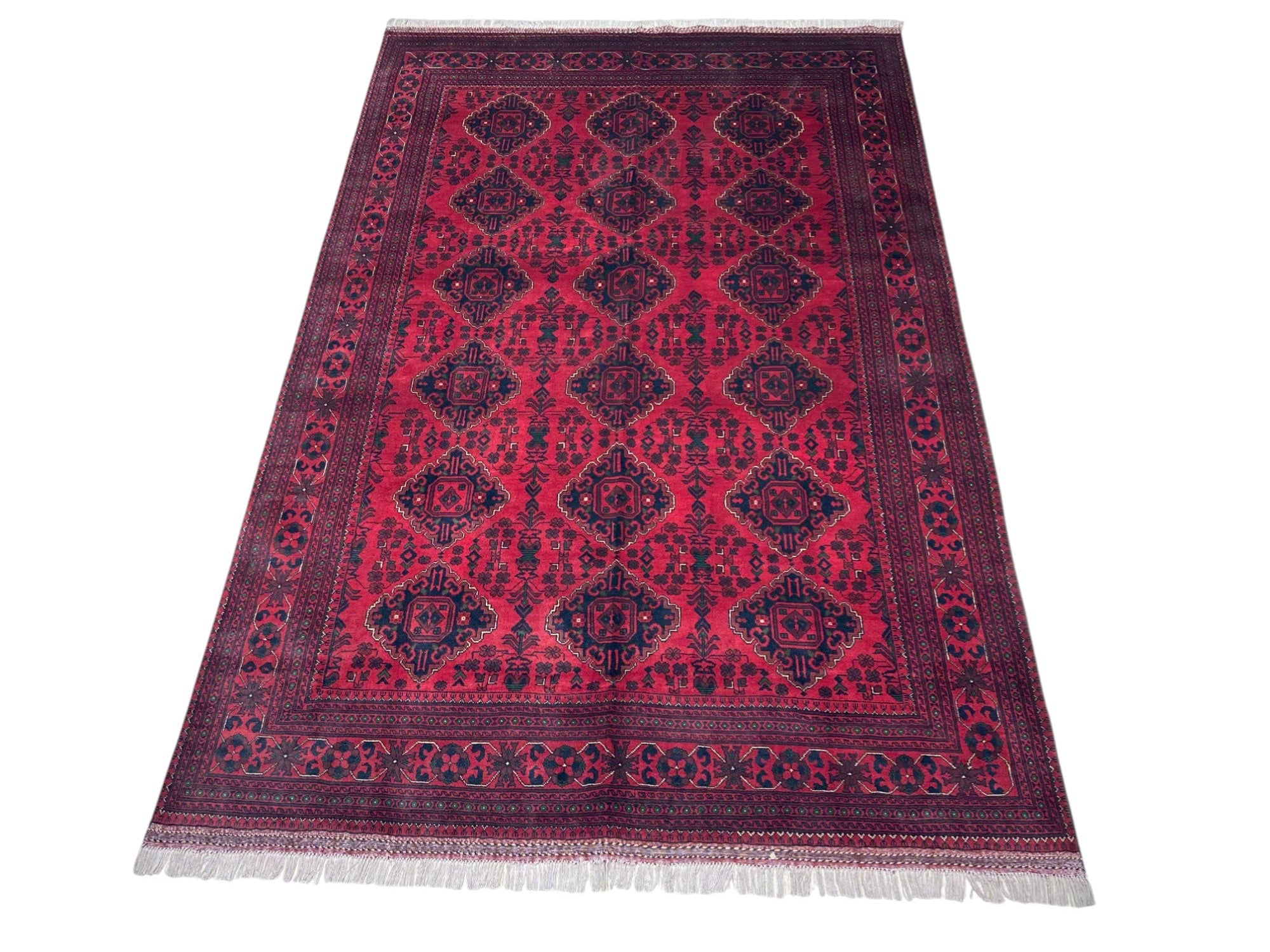 Hand-Knotted Afghani Khamyab Wool Rug Red,Blue 6'7" x 9'6"