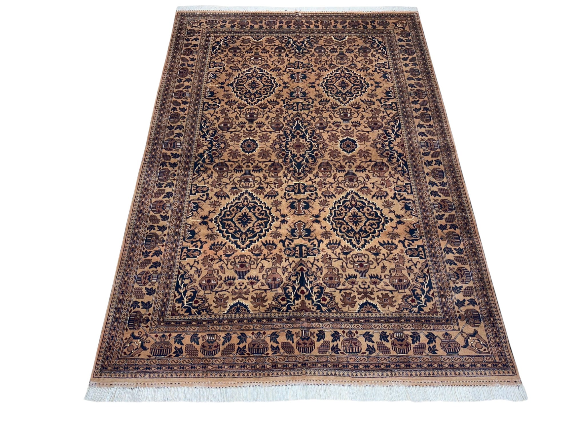 Hand-Knotted Afghani Koza Wool Rug Biege 6'8" x 9'5"