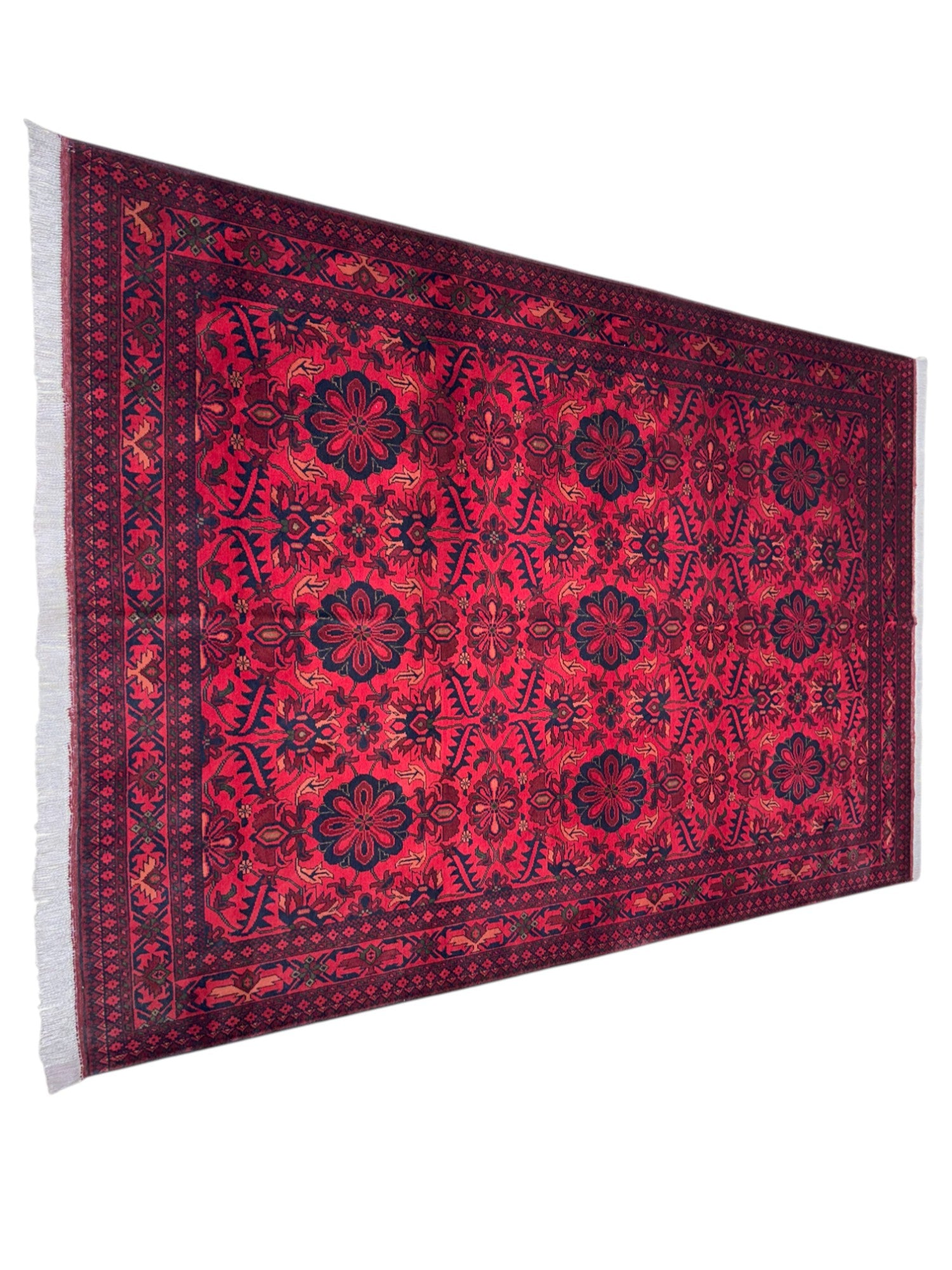 Hand-Knotted Afghani Flower Wool Rug Red,Blue 6'7" x 9'6"