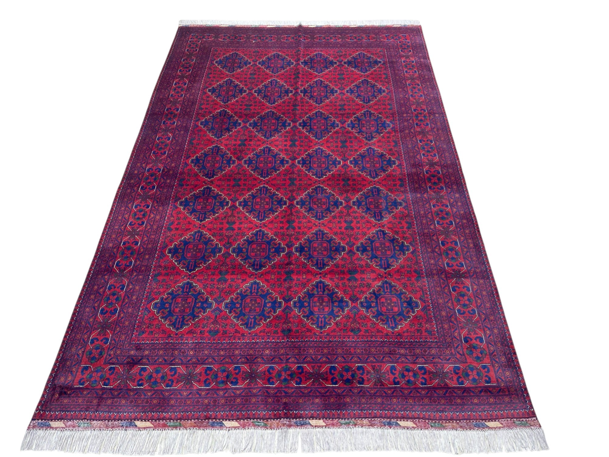 Hand-Knotted Afghani Khamyab Wool Rug Red,Blue 6'6" x 9'9"