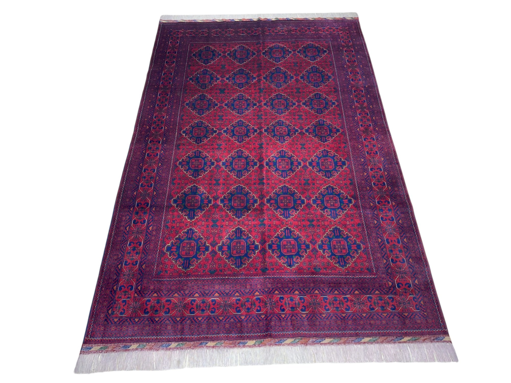 Hand-Knotted Afghani Khamyab Wool Rug Red,Blue 6'8" x 9'11"