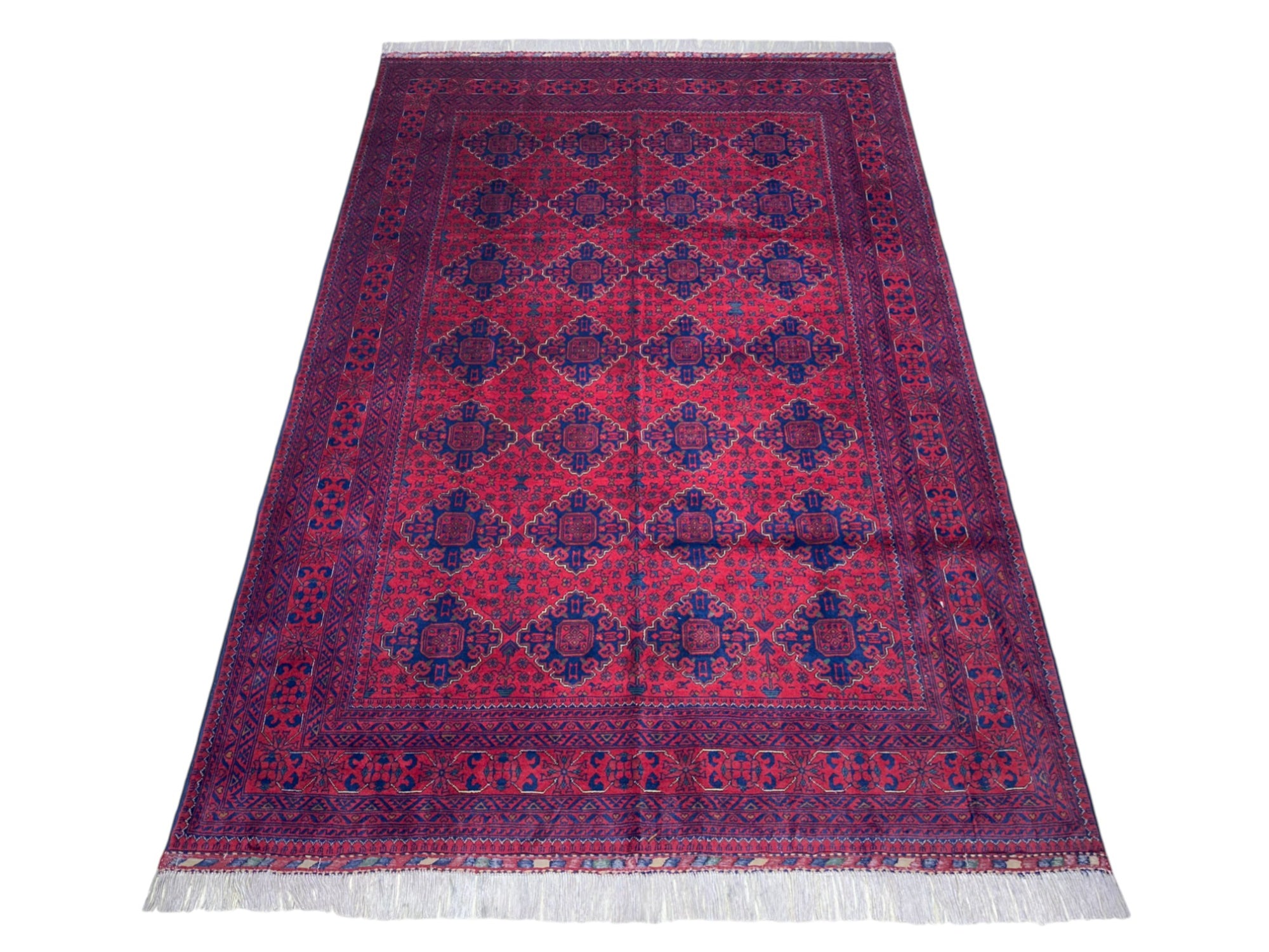 Hand-Knotted Afghani Khamyab Wool Rug Red,Blue 6'8" x 9'6"