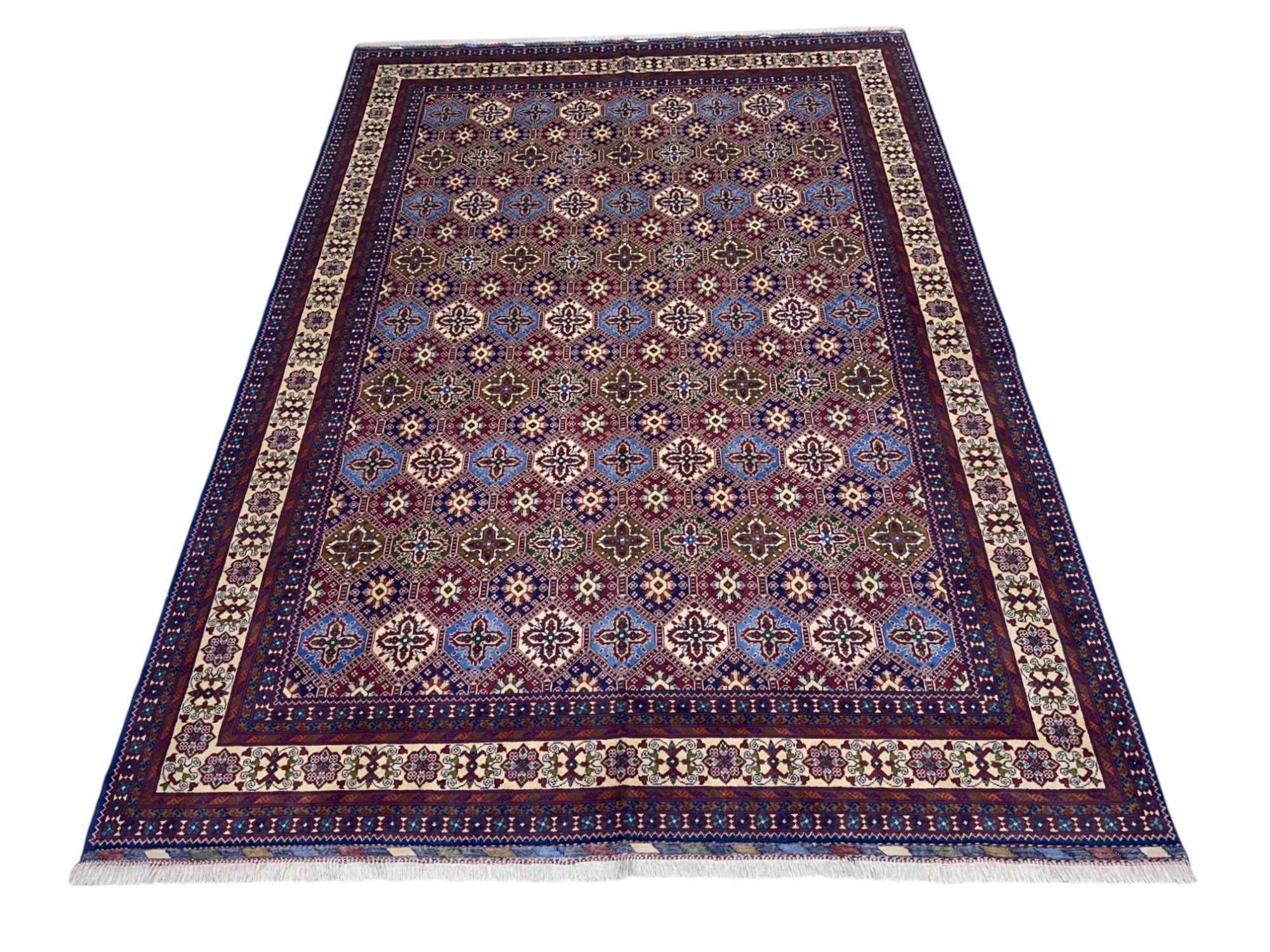 Hand-Knotted Afghani Kashi Wool Rug Red,Cream,Blue 8'4" x 11'4"