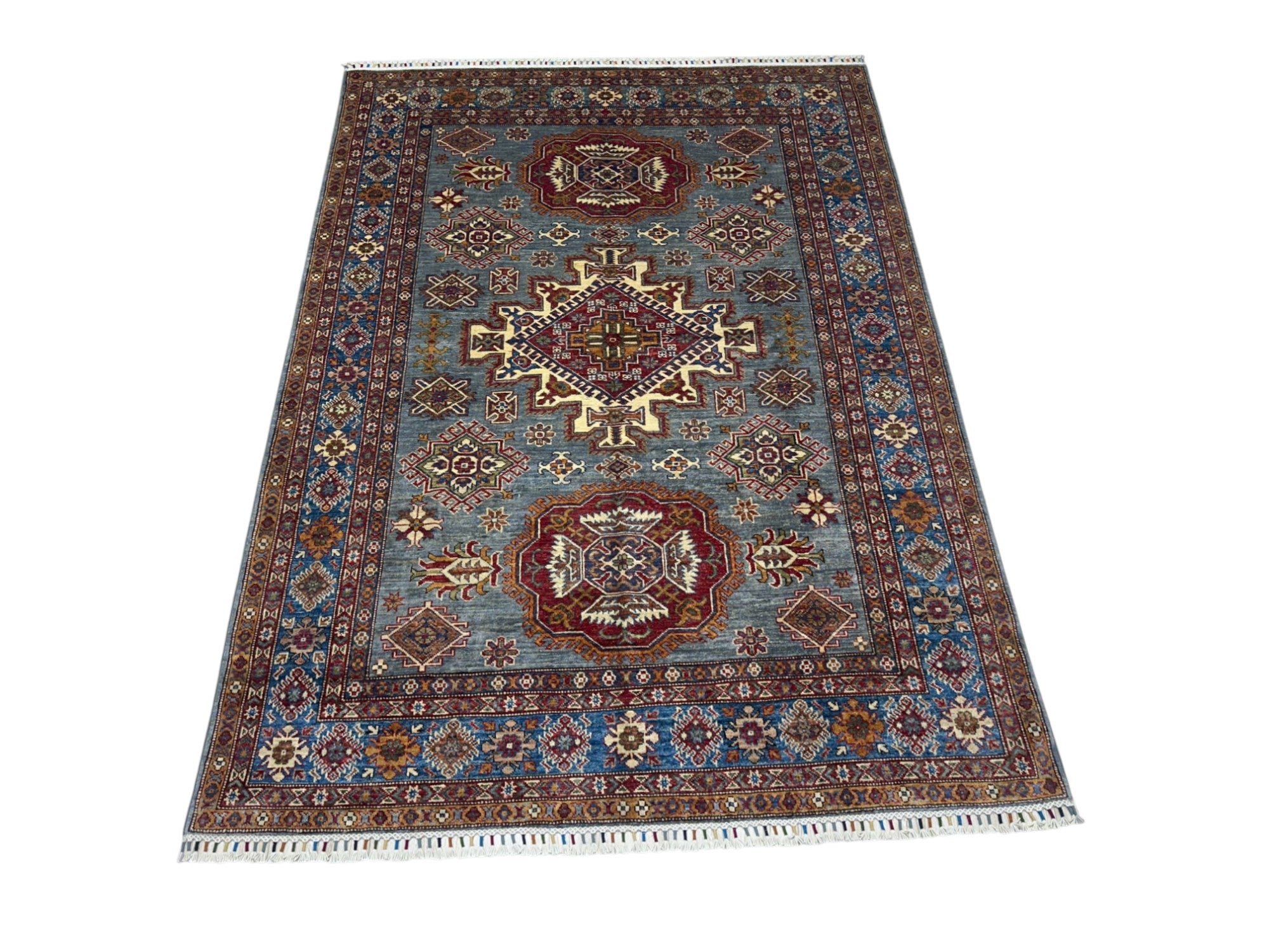 Hand-Knotted Afghani Kazak Wool Rug – 5’10″ x 8’0″