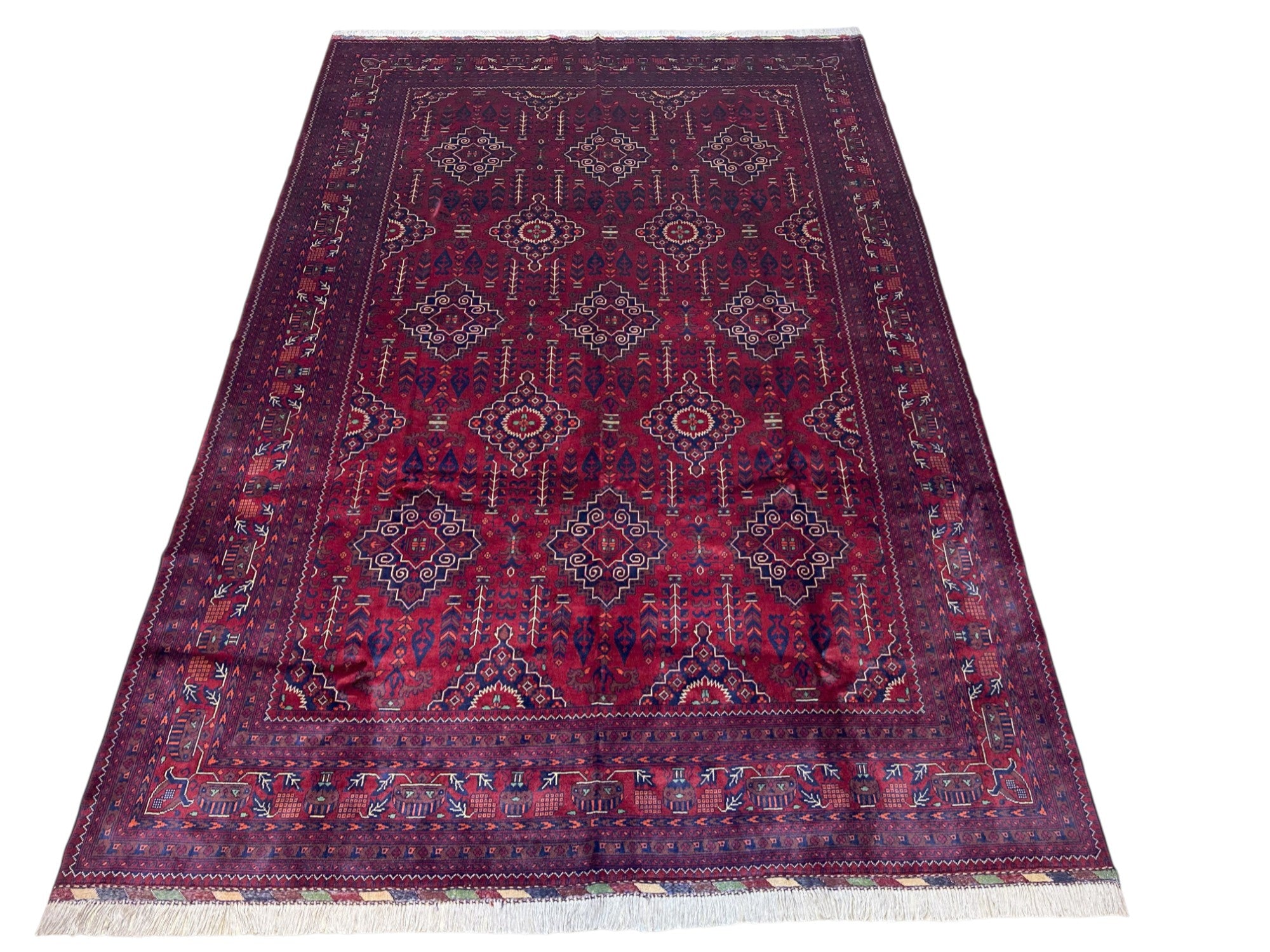 Hand-Knotted Afghani Zerkhaki Wool Rug Red,Cream,Blue 8'2" x 11'9"