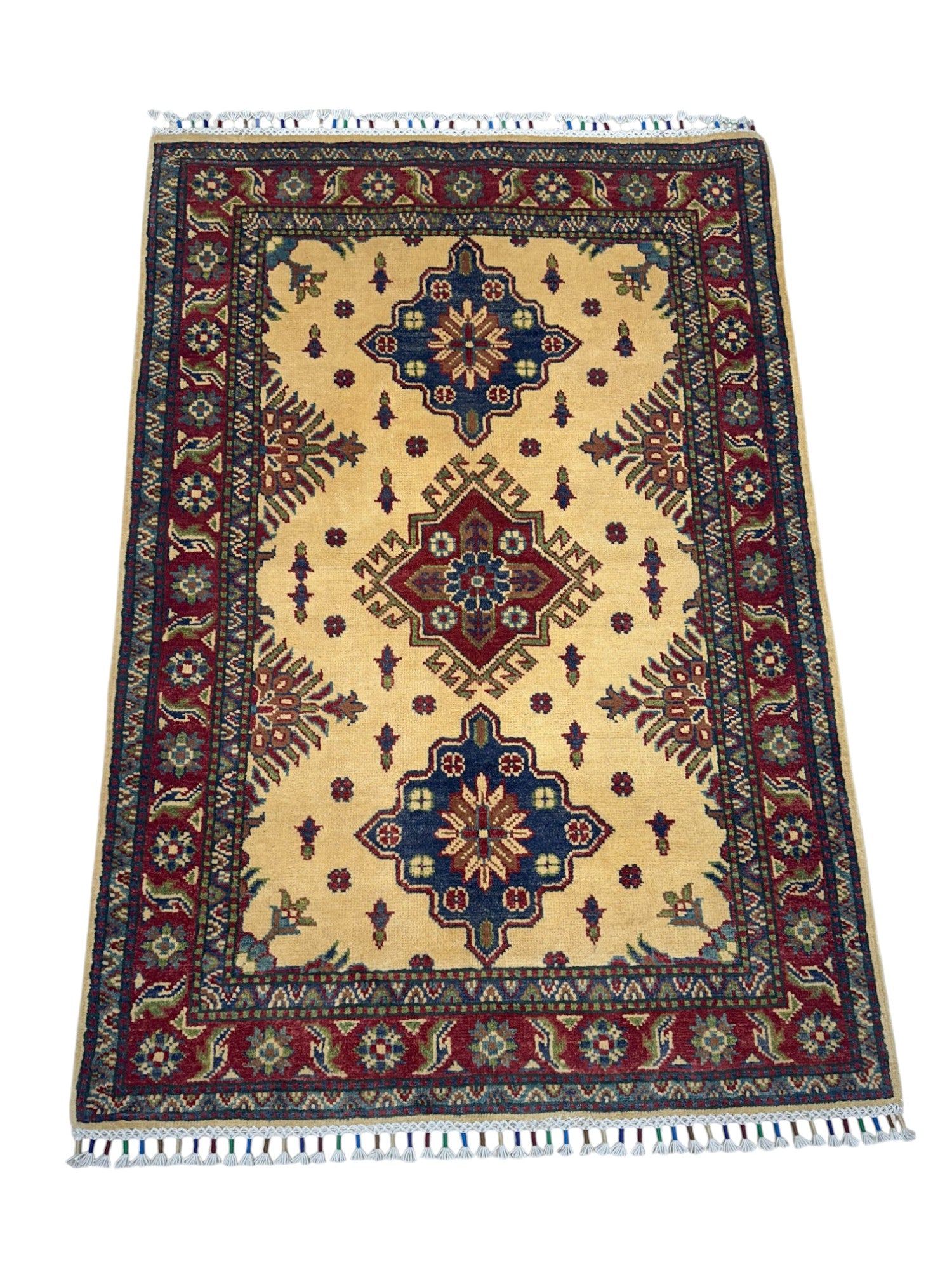 Hand-Knotted Afghani Kazak Wool Rug – 3’3″ x 4’9″