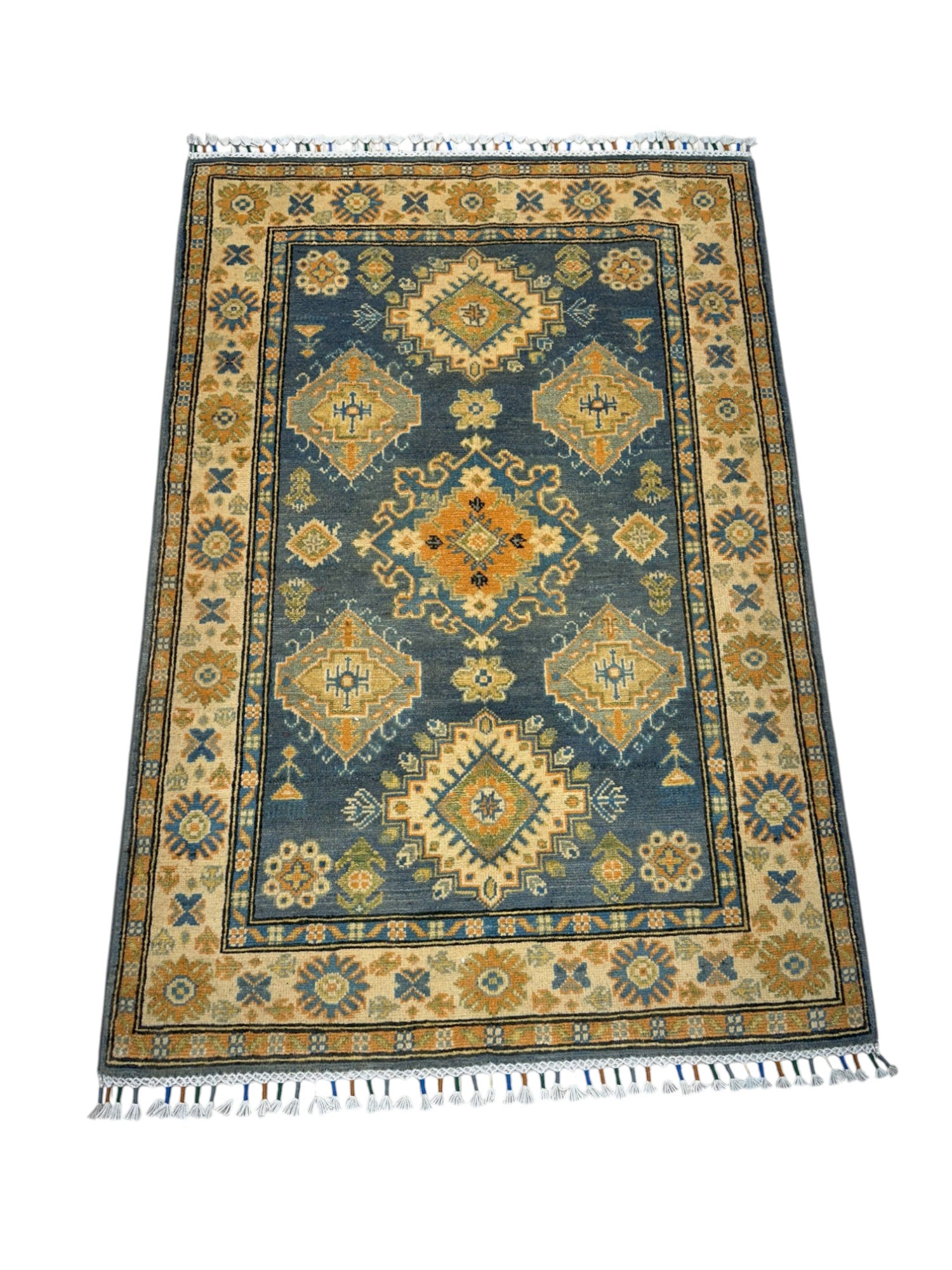 Hand-Knotted Afghani Kazak Wool Rug – 3’4″ x 4’11″
