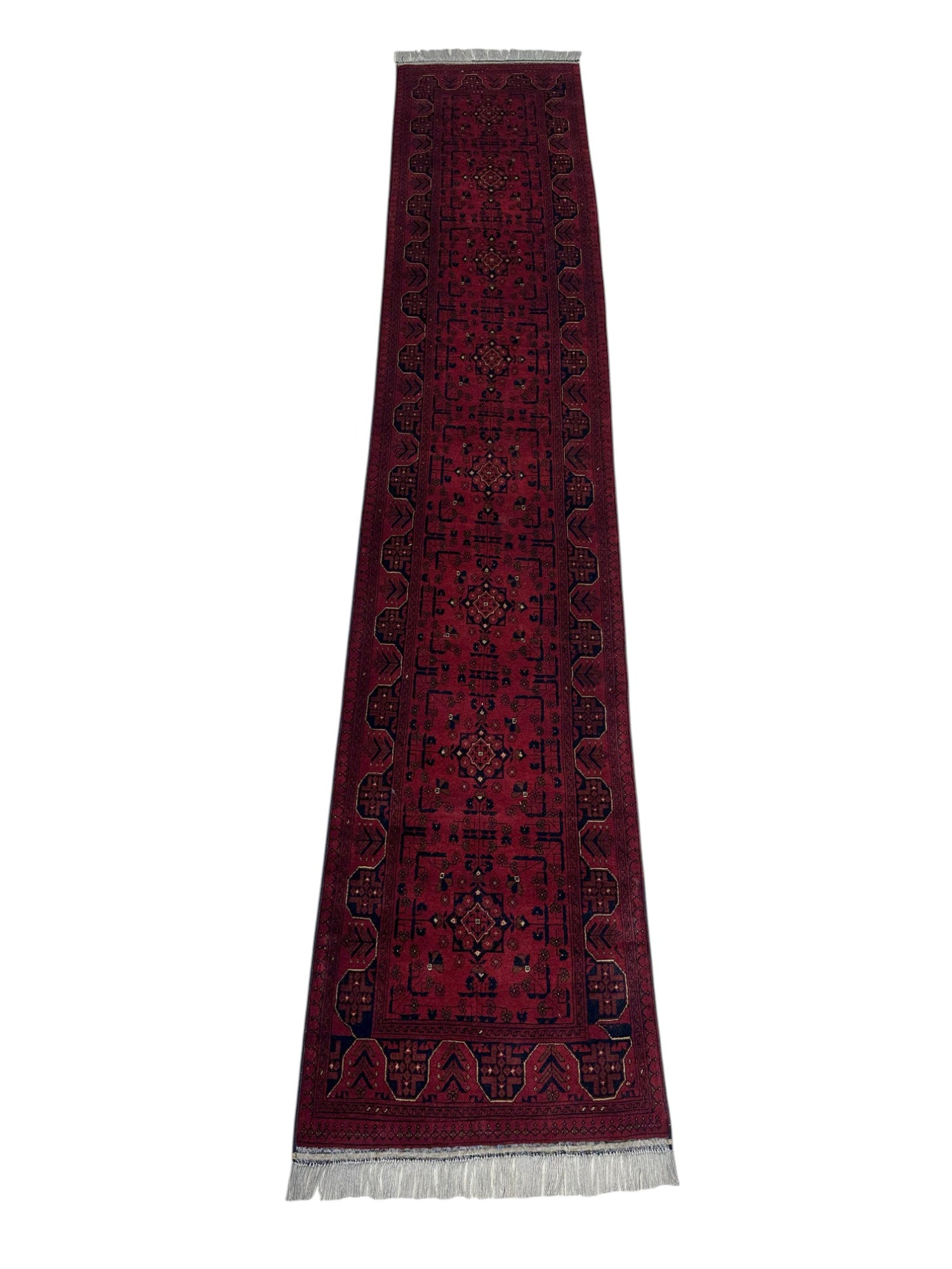 Hand-Knotted Afghani Bukharai Wool Rug – 2’6″ x 12’8″