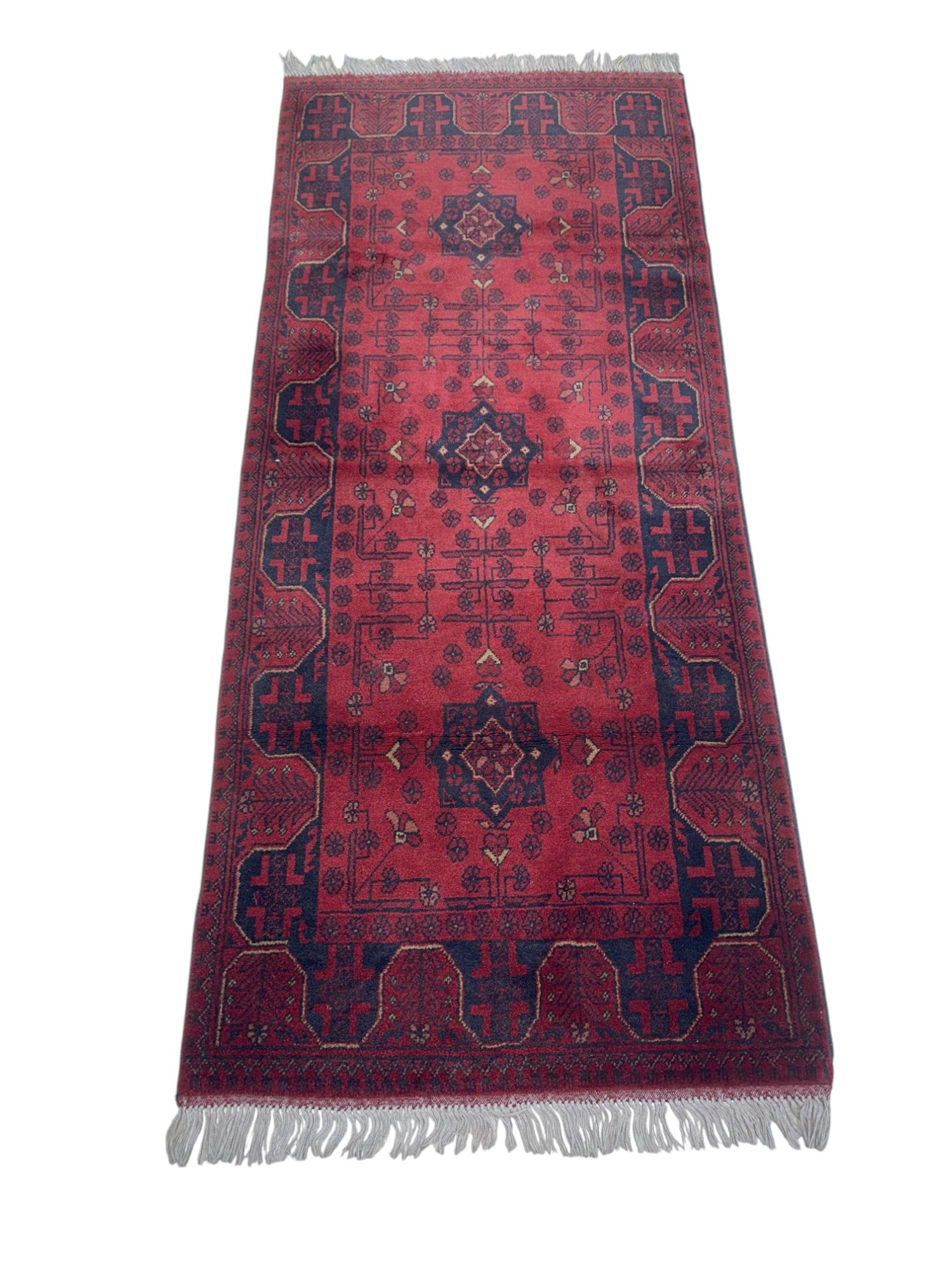 Hand-Knotted Afghani Bukharai Wool Rug Red 2'9" x 6'3"