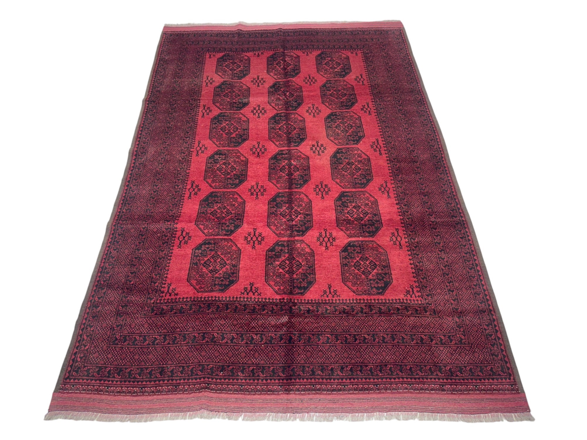 Hand-Knotted Afghani Fil pai Wool Rug Red,Black 6'9" x 9'8"