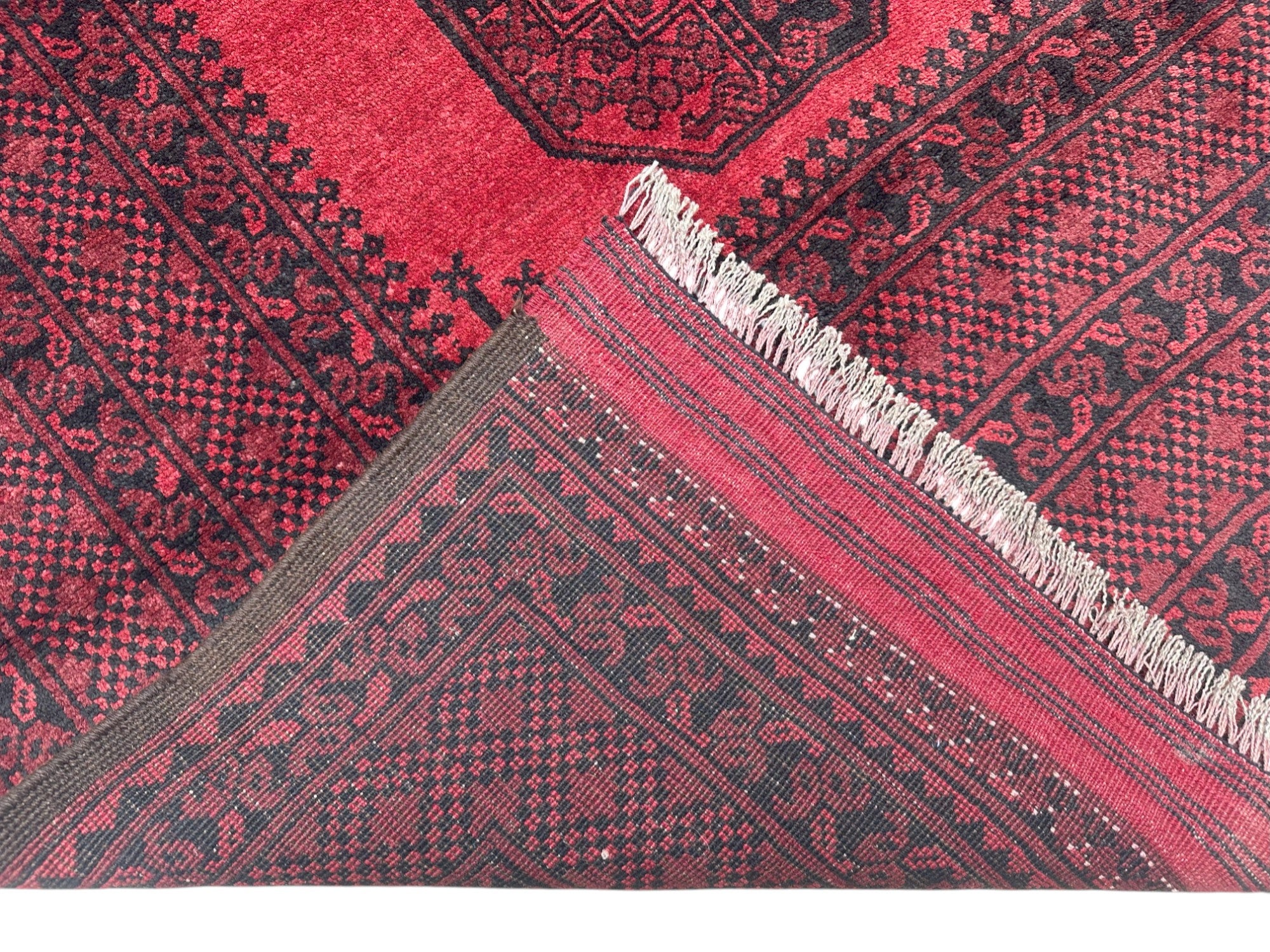 Hand-Knotted Afghani Fil pai Wool Rug Red,Black 6'9" x 9'8"