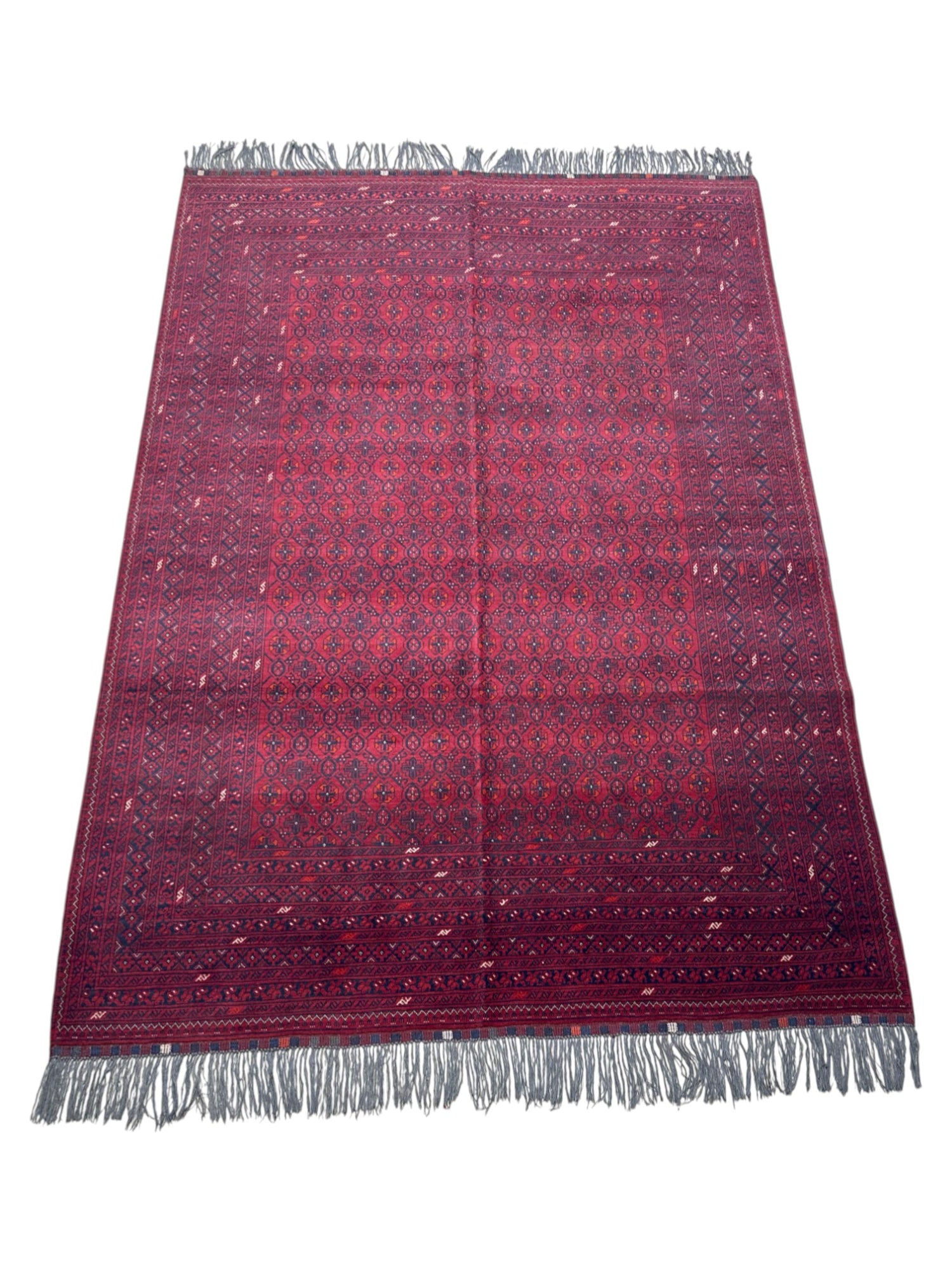 Hand-Knotted Afghani Bashiri Wool Rug Red,Black,Cream 6'7" x 9'3"