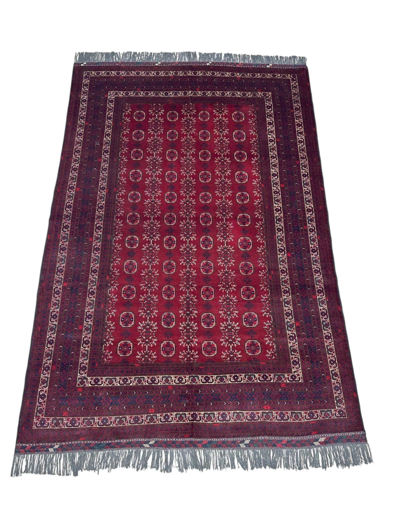 Hand-Knotted Afghani Waziri Wool Rug Red,Blue,Cream 6'5" x 9'7"