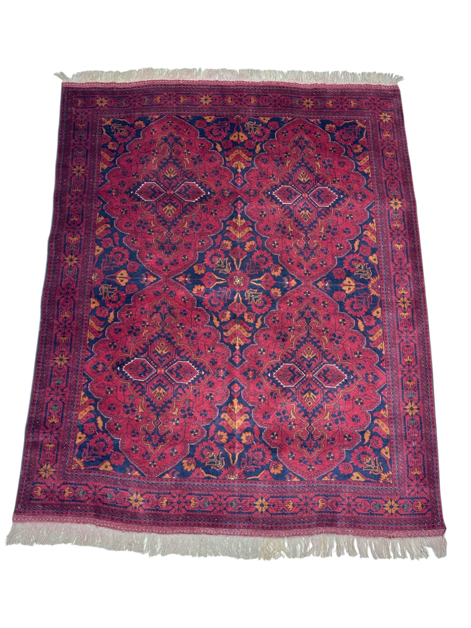 Hand-Knotted Afghani Patnos Beljik Soft Wool Rug Red, gold & Balck 5'1" x 6'3"