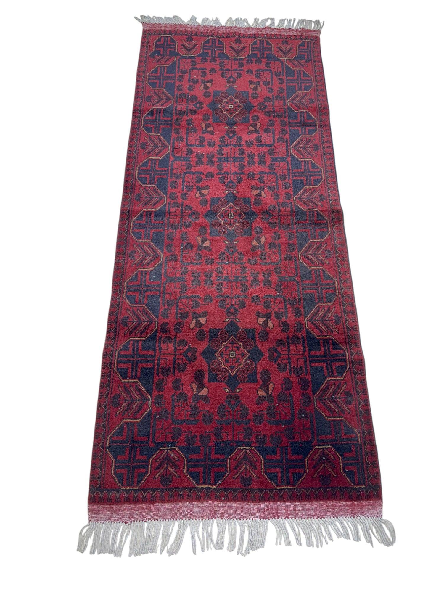 Hand-Knotted Afghani Bukharai Wool Rug Red,Black 2'8" x 6'3"