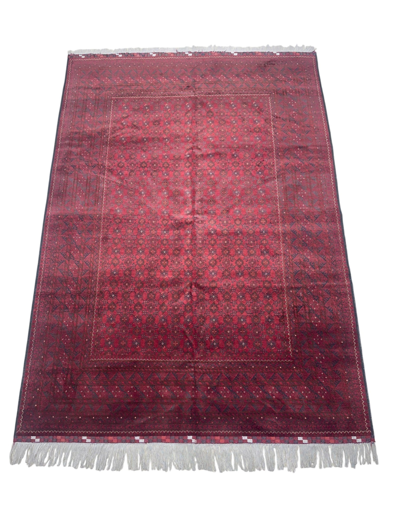 Hand-Knotted Afghani Bashiri Wool Rug Red,Cream 6'7" x 9'3"