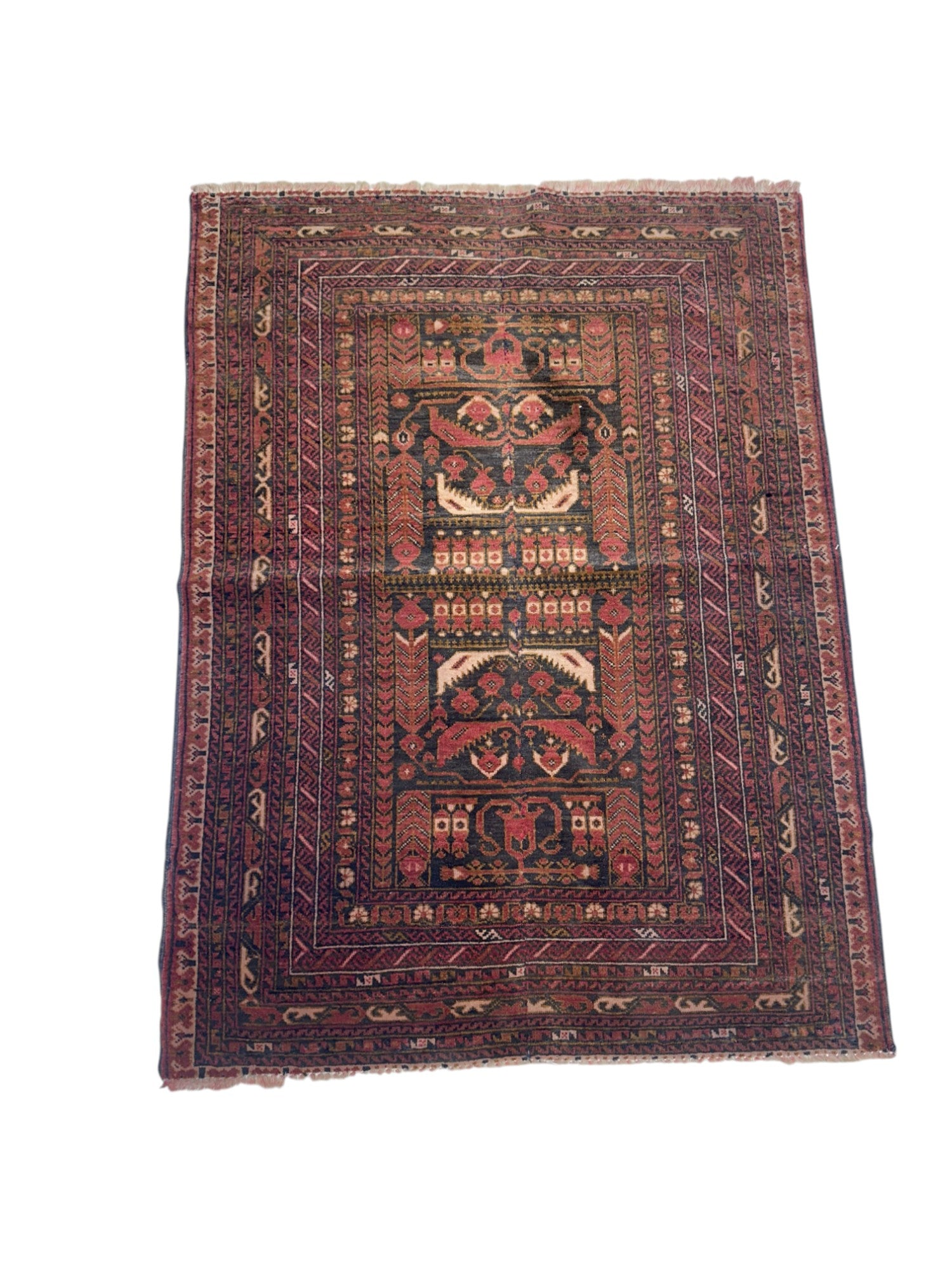 Hand-Knotted Afghani Alkhuja Wool Rug Cream,Red 2'9" x 3'9"