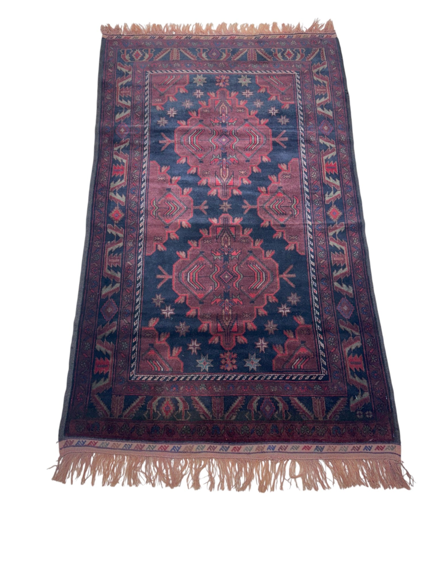 Hand-Knotted Afghani Patnos Wool Rug Red,Dark Blue 3'3" x 5'5"