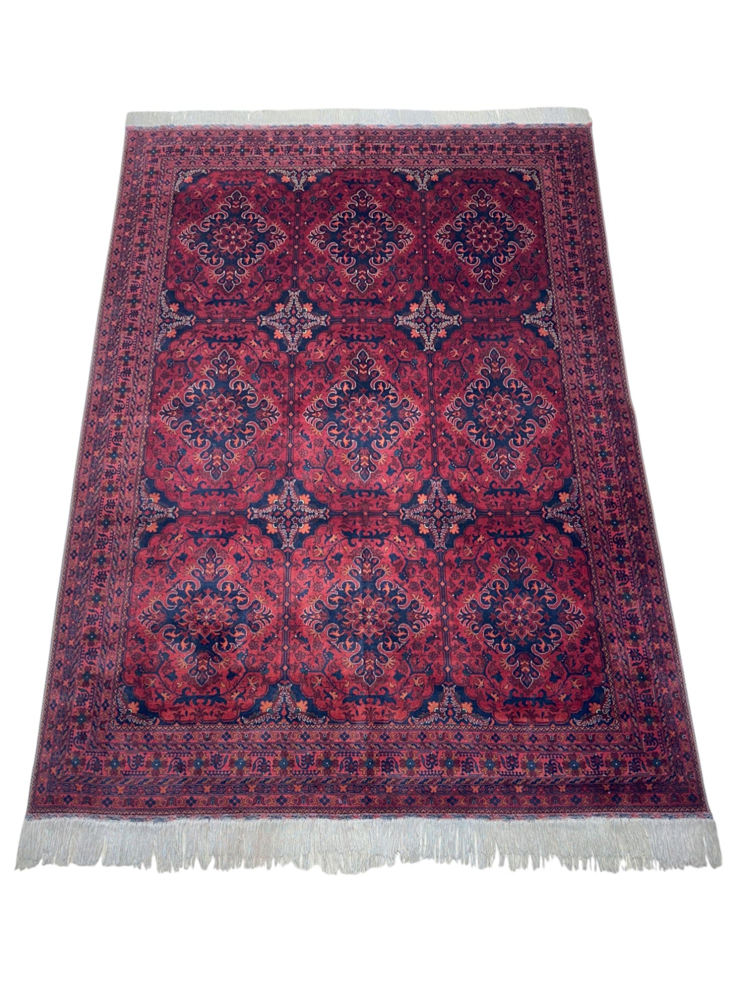 Hand-Knotted Afghani Patnos Beljik Soft Wool Rug Red, Gold & Dark Blue 6'9" x 9'7"