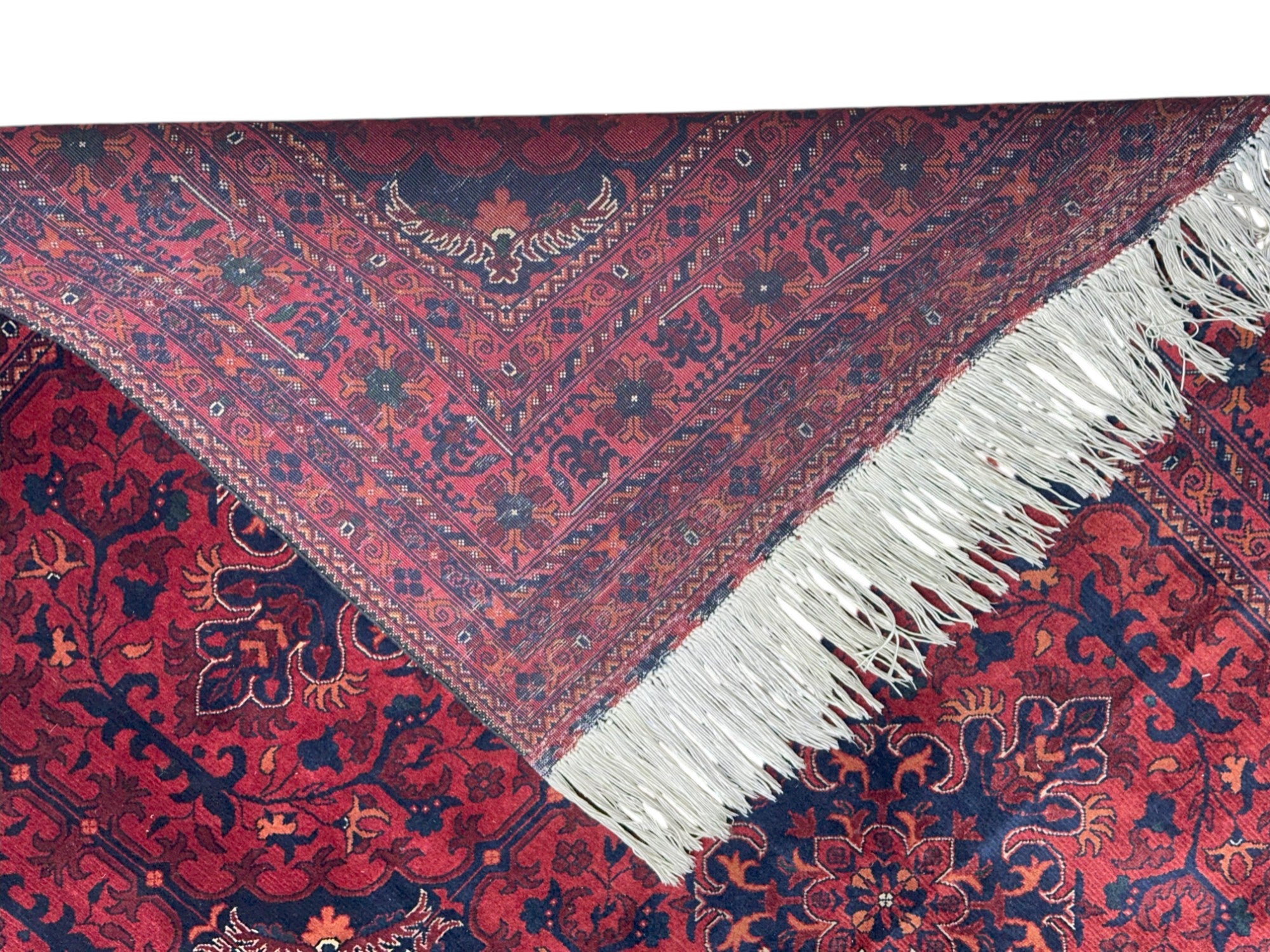Hand-Knotted Afghani Patnos Beljik Soft Wool Rug Red, Gold & Dark Blue 6'9" x 9'7"
