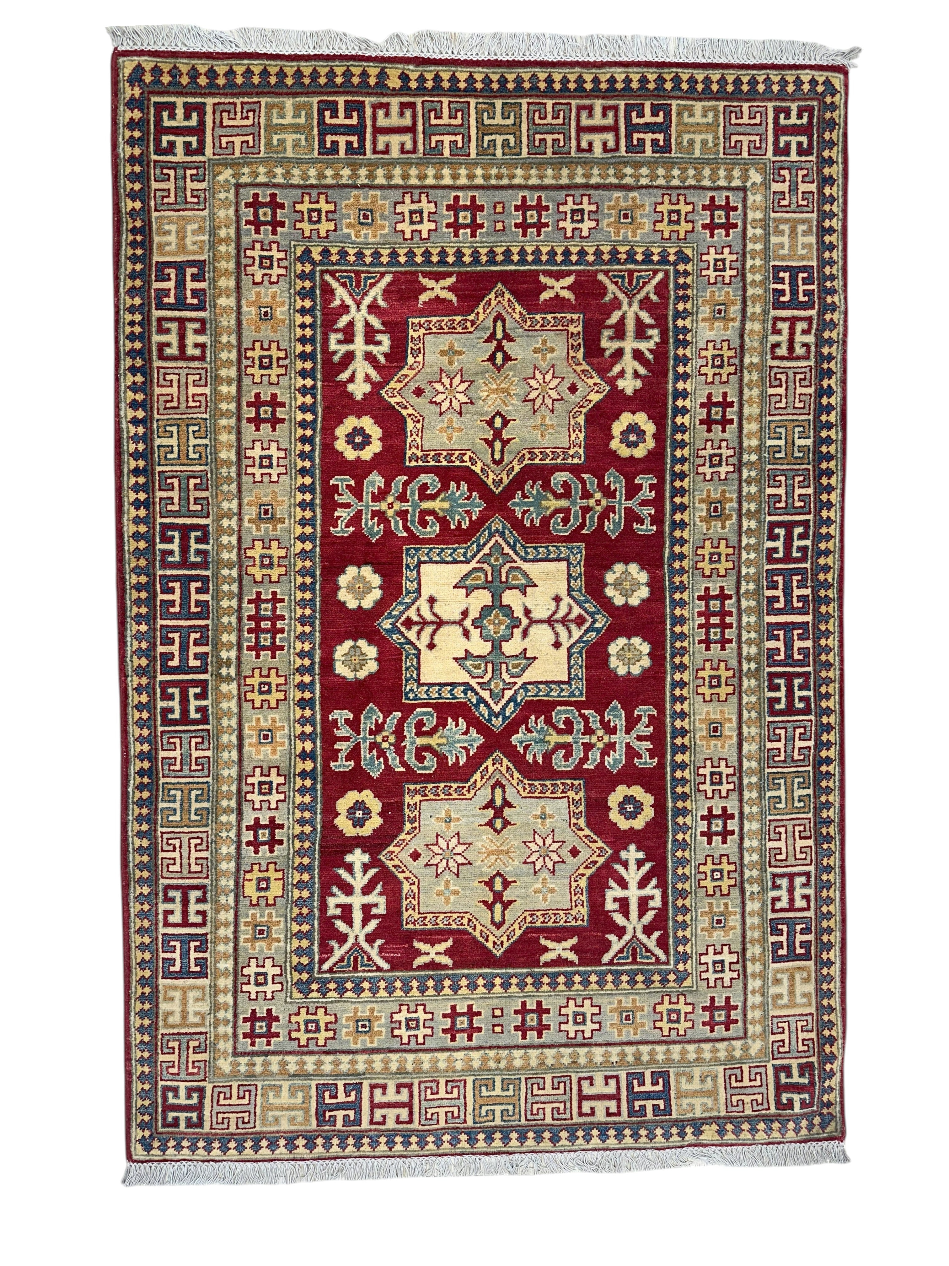 Hand-Knotted Afghani Kazak Wool Rug – 4’1″ x 6’1″
