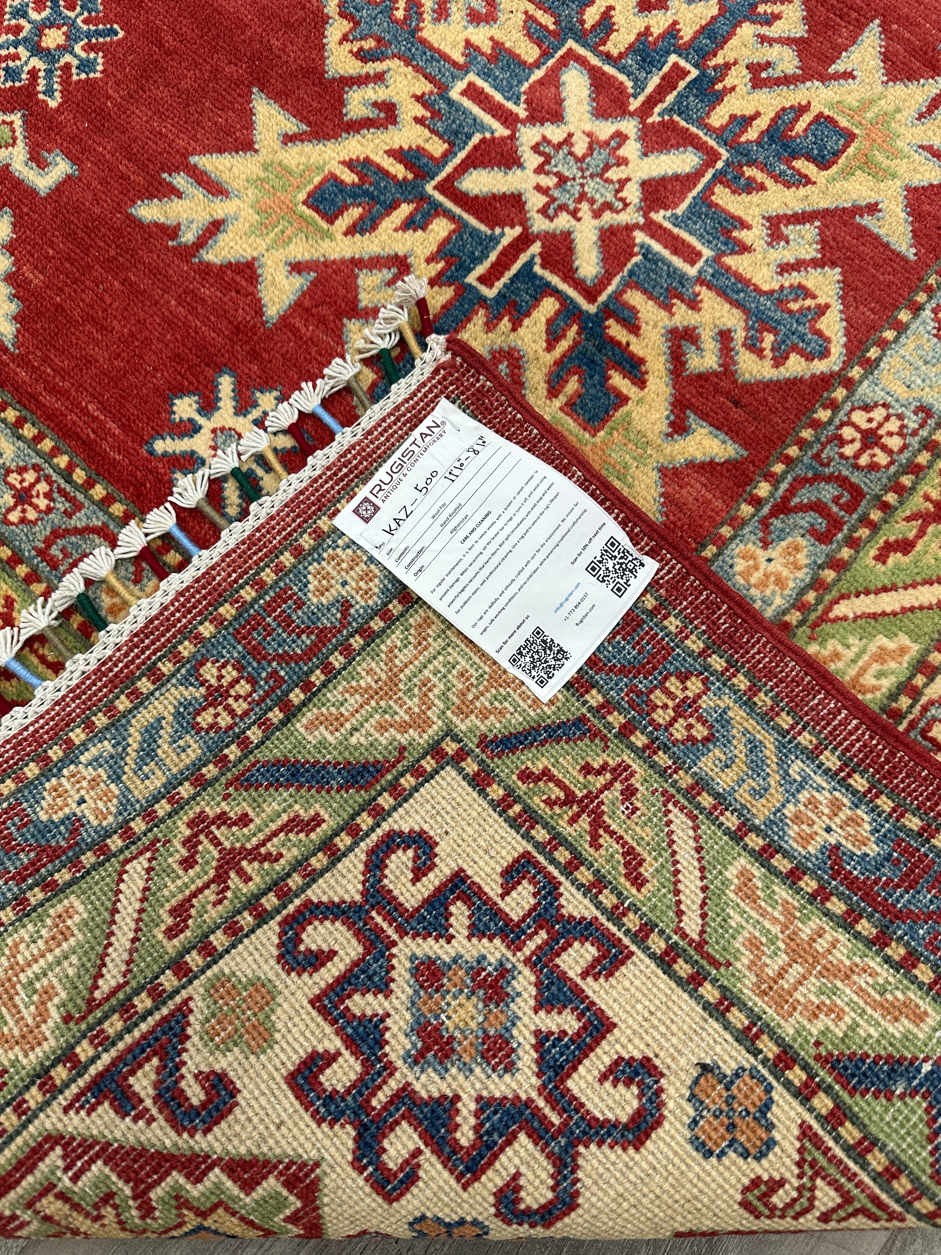 Hand-Knotted Afghani Kazak Wool Rug – 8’10″  x  11’11″
