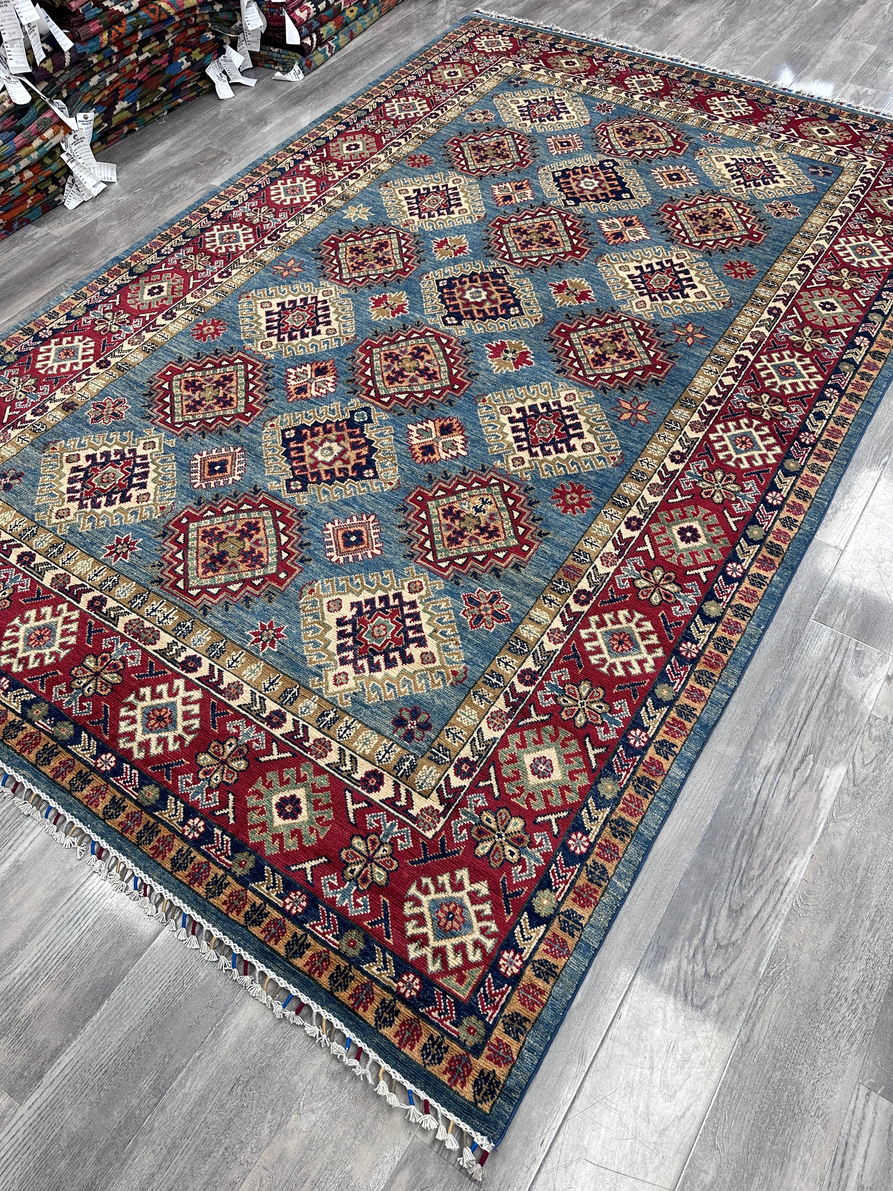 Hand-Knotted Afghani Kazak Wool Rug | Geometric Design | 6′5″ x 10′