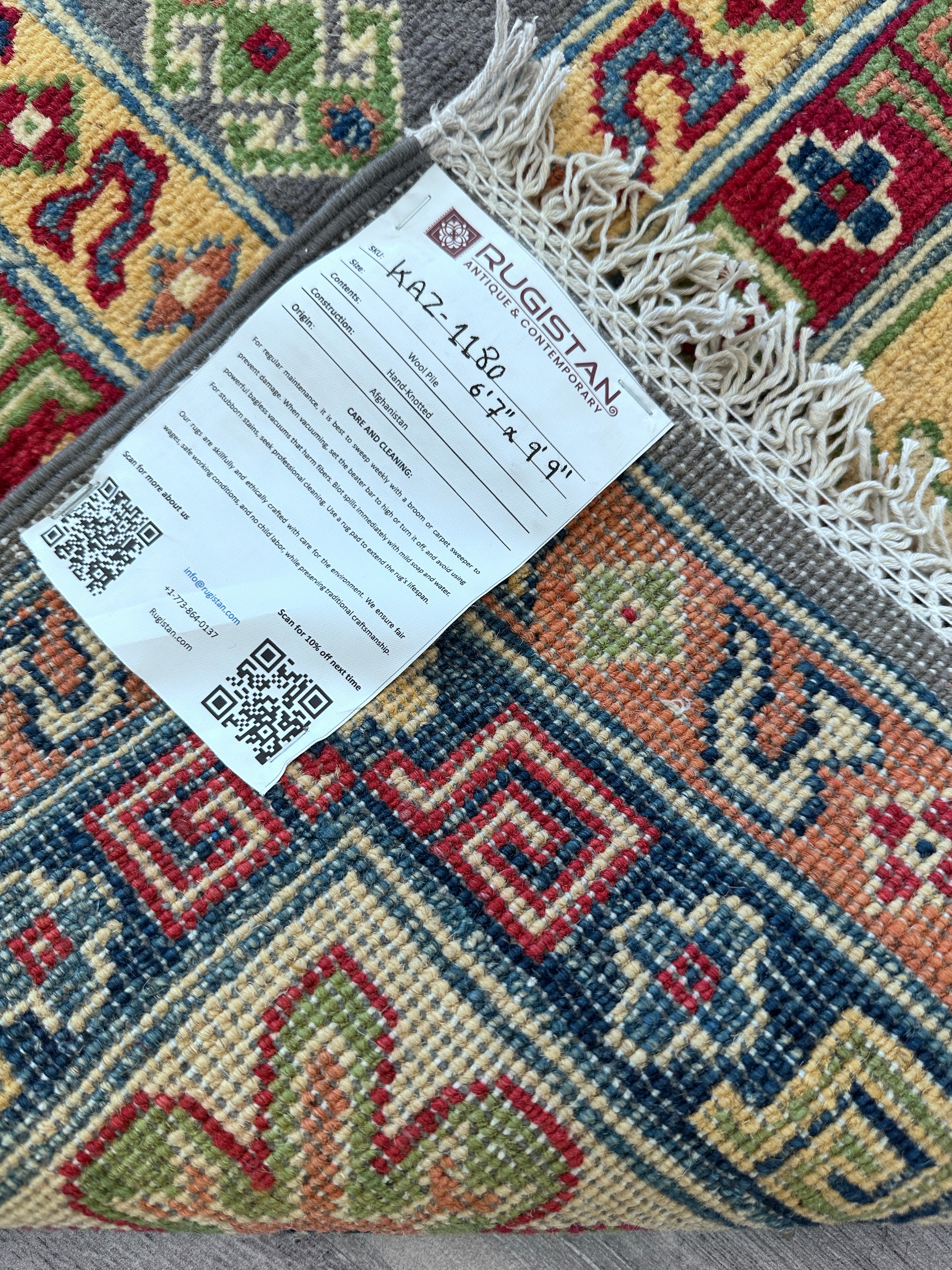 Hand-Knotted Afghani Kazak Wool Rug – 6’7” x 9’9”