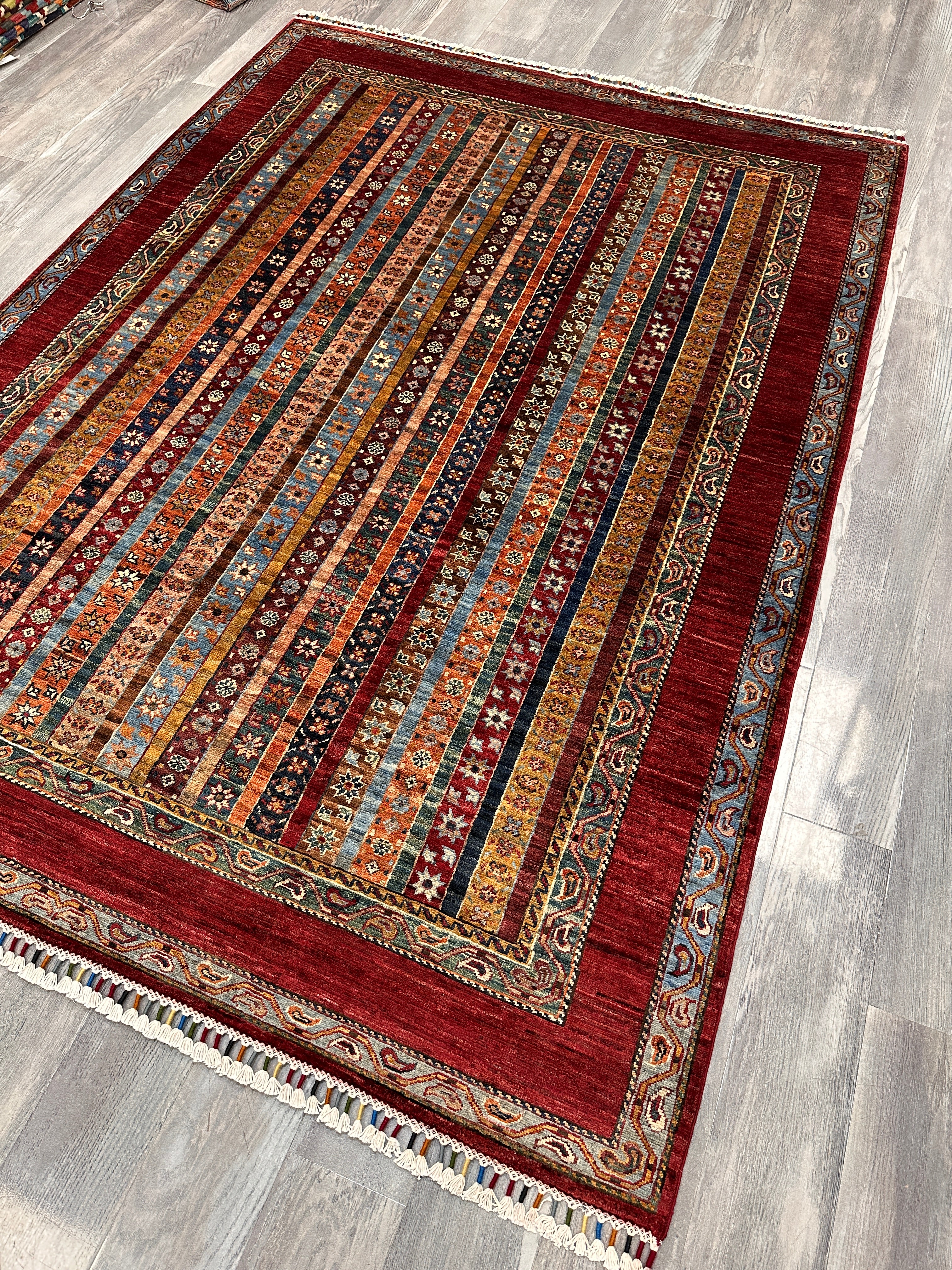 Hand-Knotted Afghani Chobi Ghazni Wool Rug | Striped Khorjin Design | 6′ x 8′