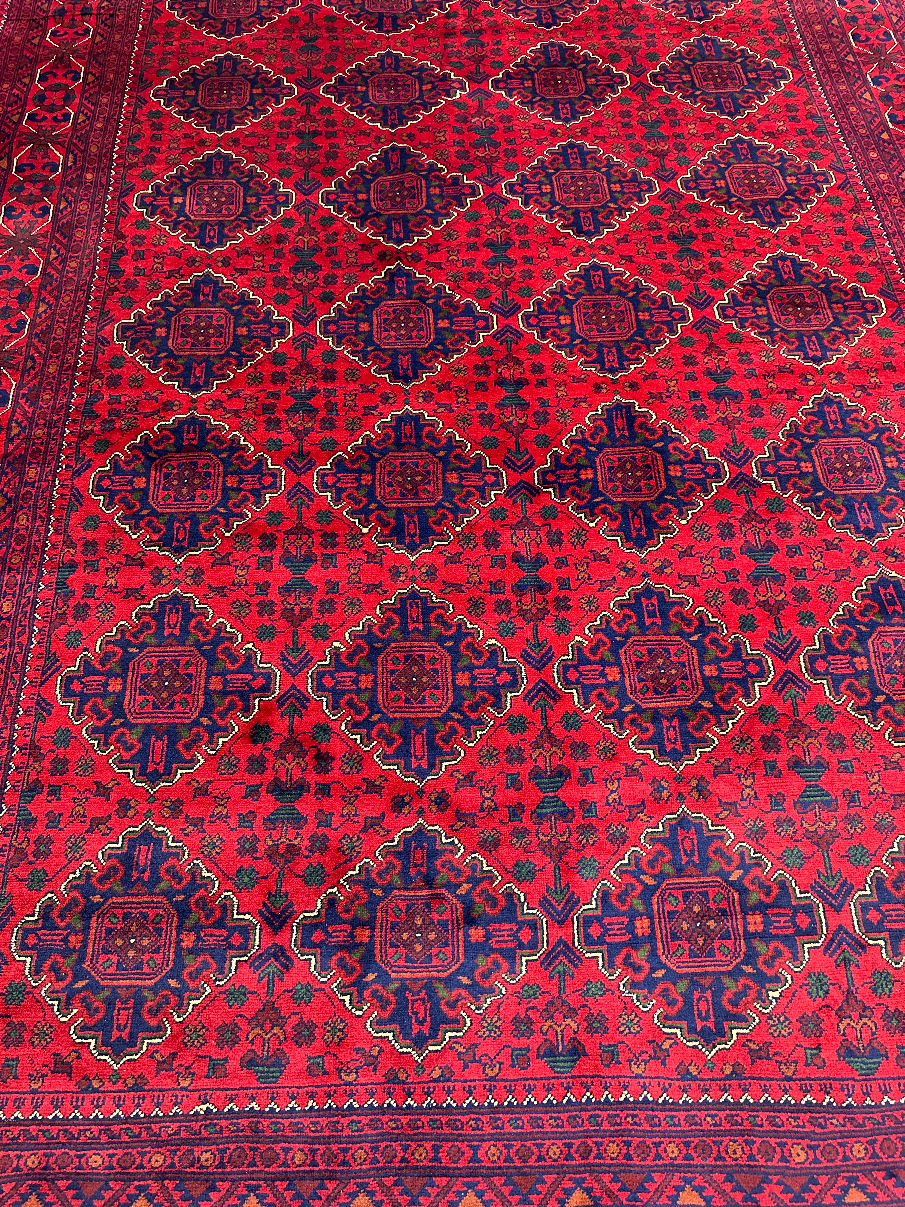 Hand-Knotted Afghani Khamyab Wool Area Rug | Red & Blue | 6′8″ x 10′