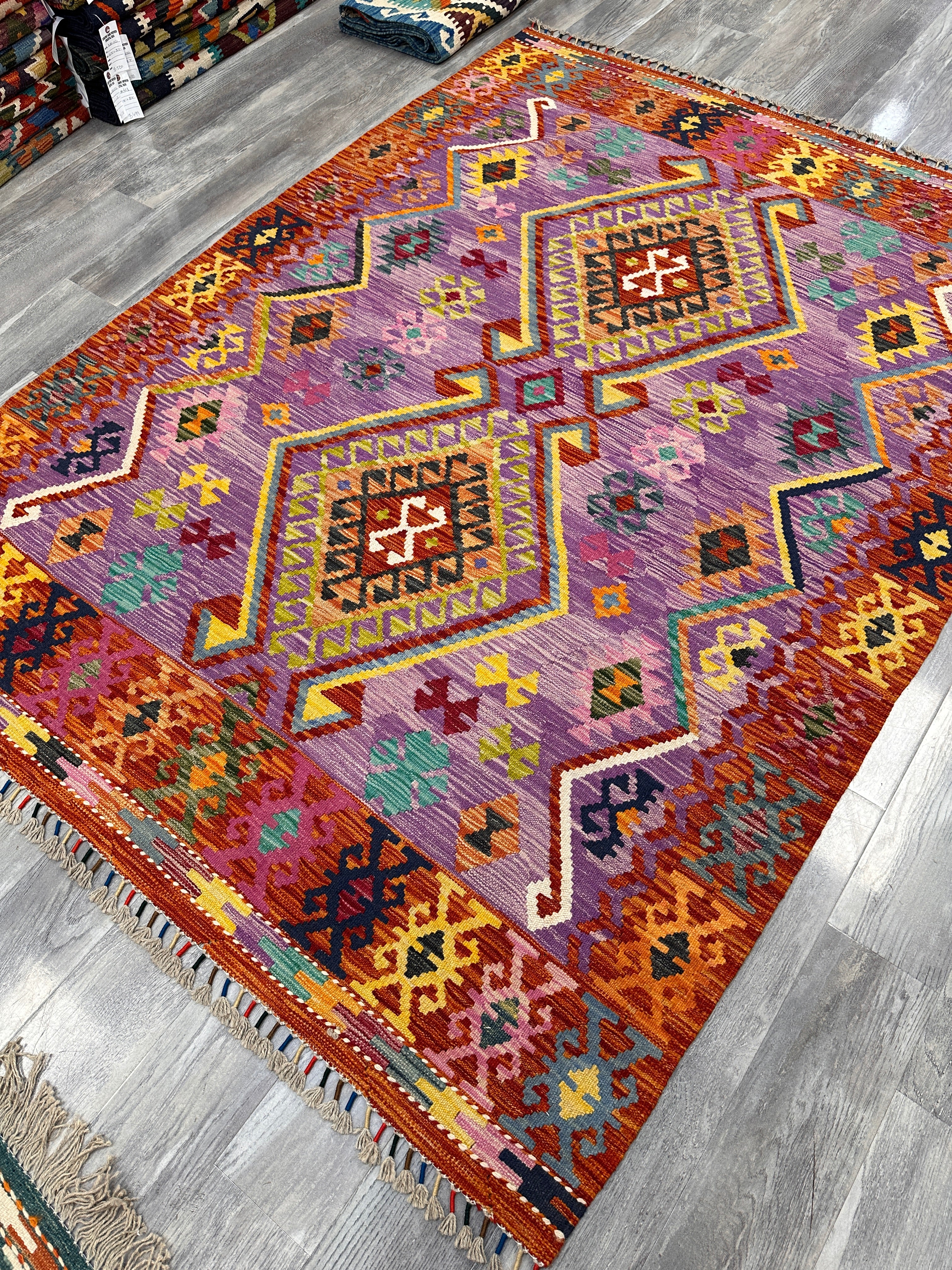 5'6" x 7'3" Handwoven Afghani Wool Kilim Rug – Colorful Tribal Geometric Flatweave with Decorative Bound Fringe – Reversible