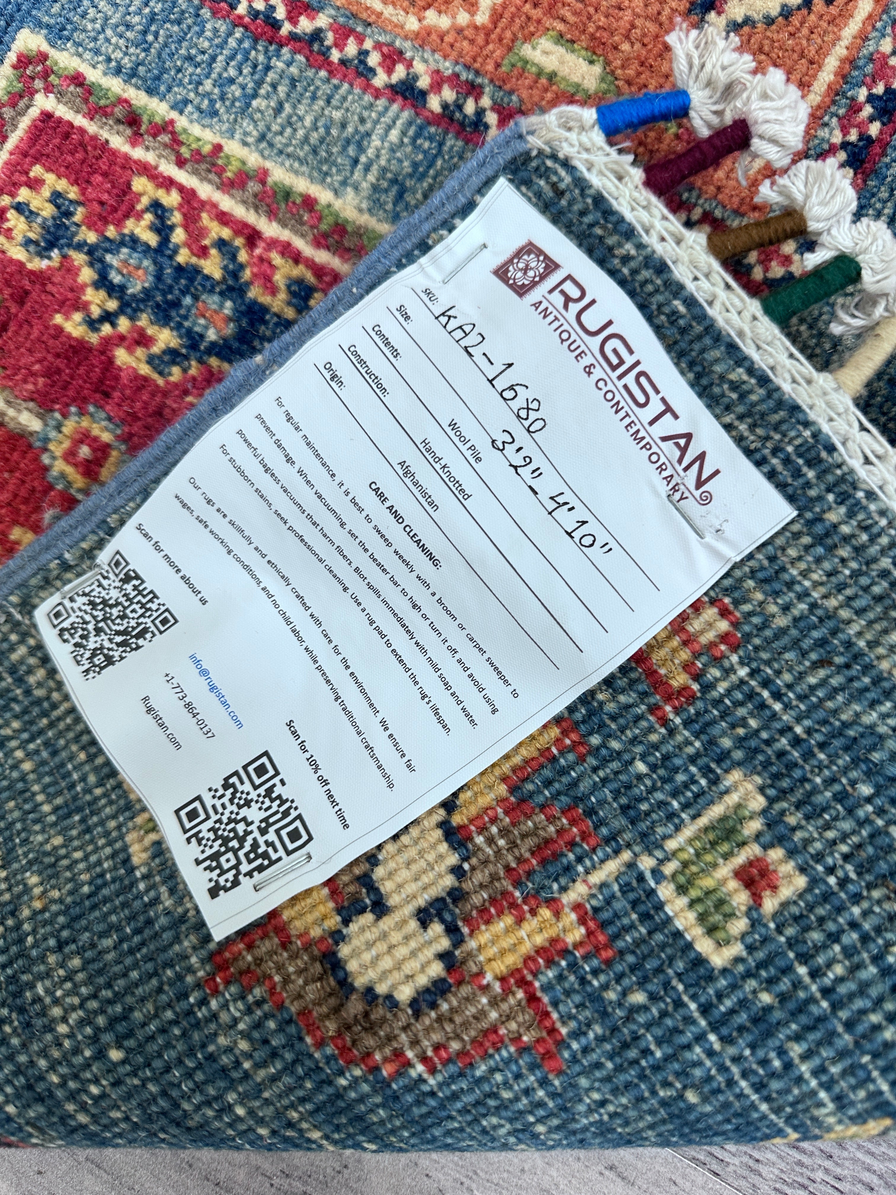 Hand-Knotted Afghani Kazak Wool Rug – 3’2″  x  4’10″