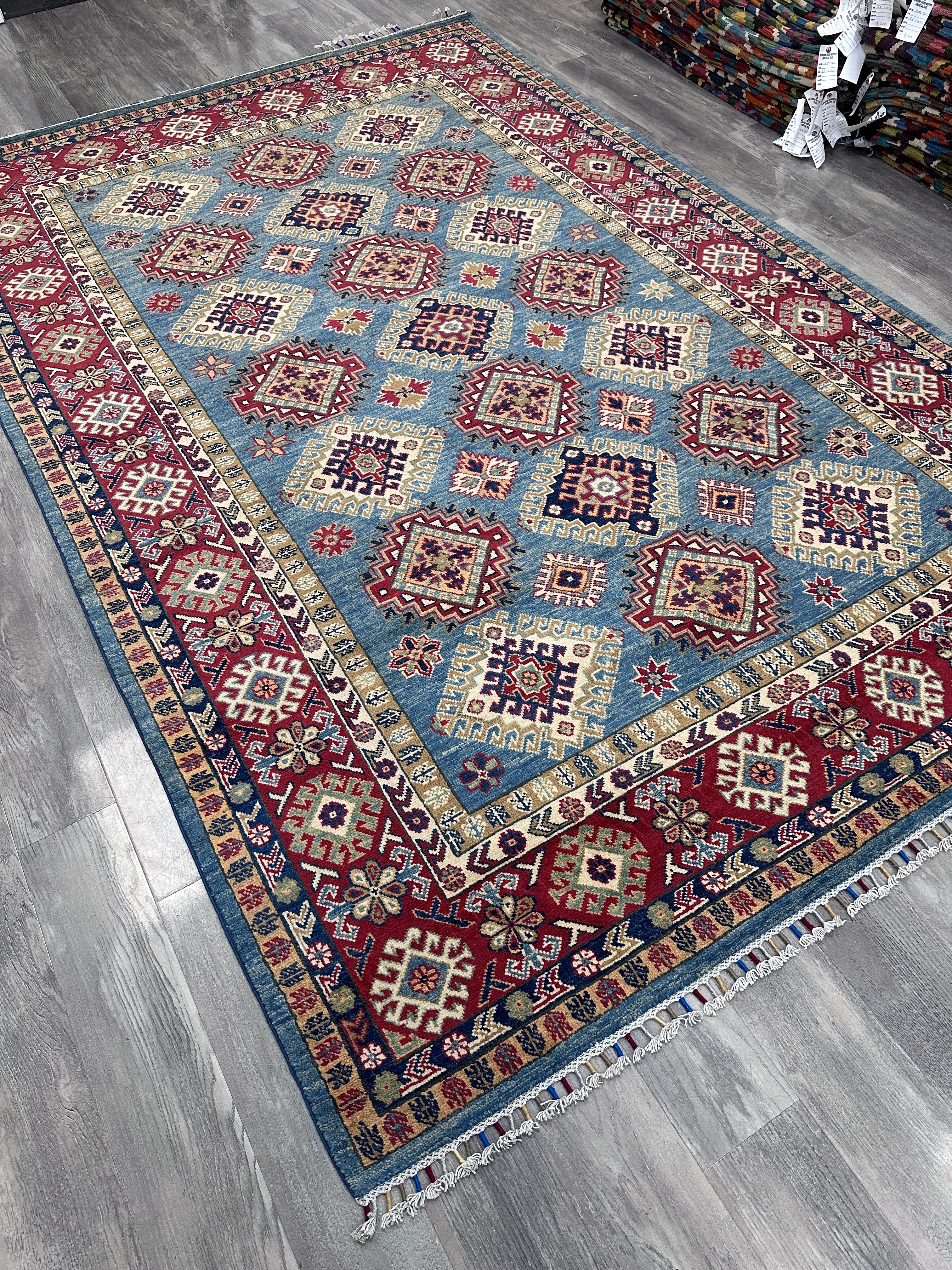 Hand-Knotted Afghani Kazak Wool Rug | Geometric Design | 6′5″ x 10′