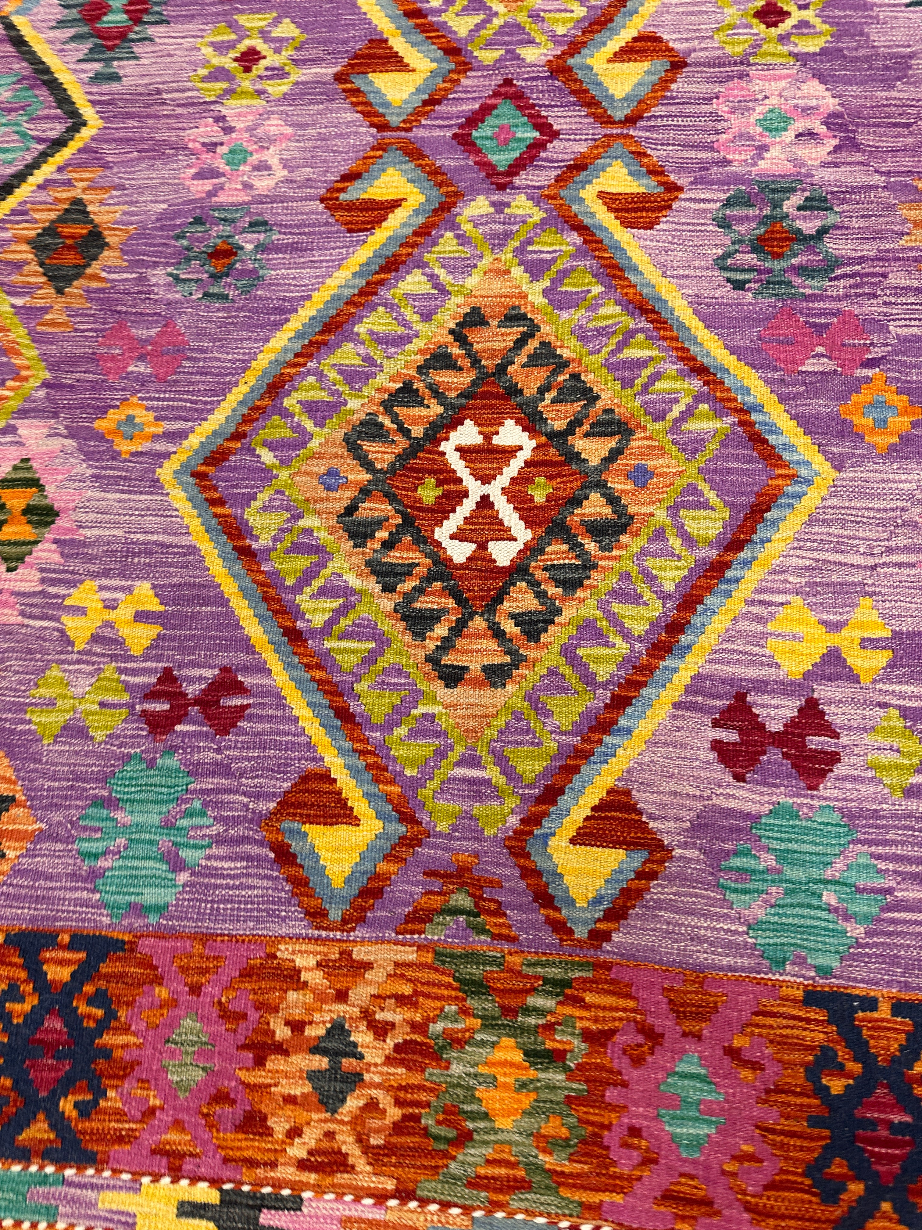 5'6" x 7'3" Handwoven Afghani Wool Kilim Rug – Colorful Tribal Geometric Flatweave with Decorative Bound Fringe – Reversible