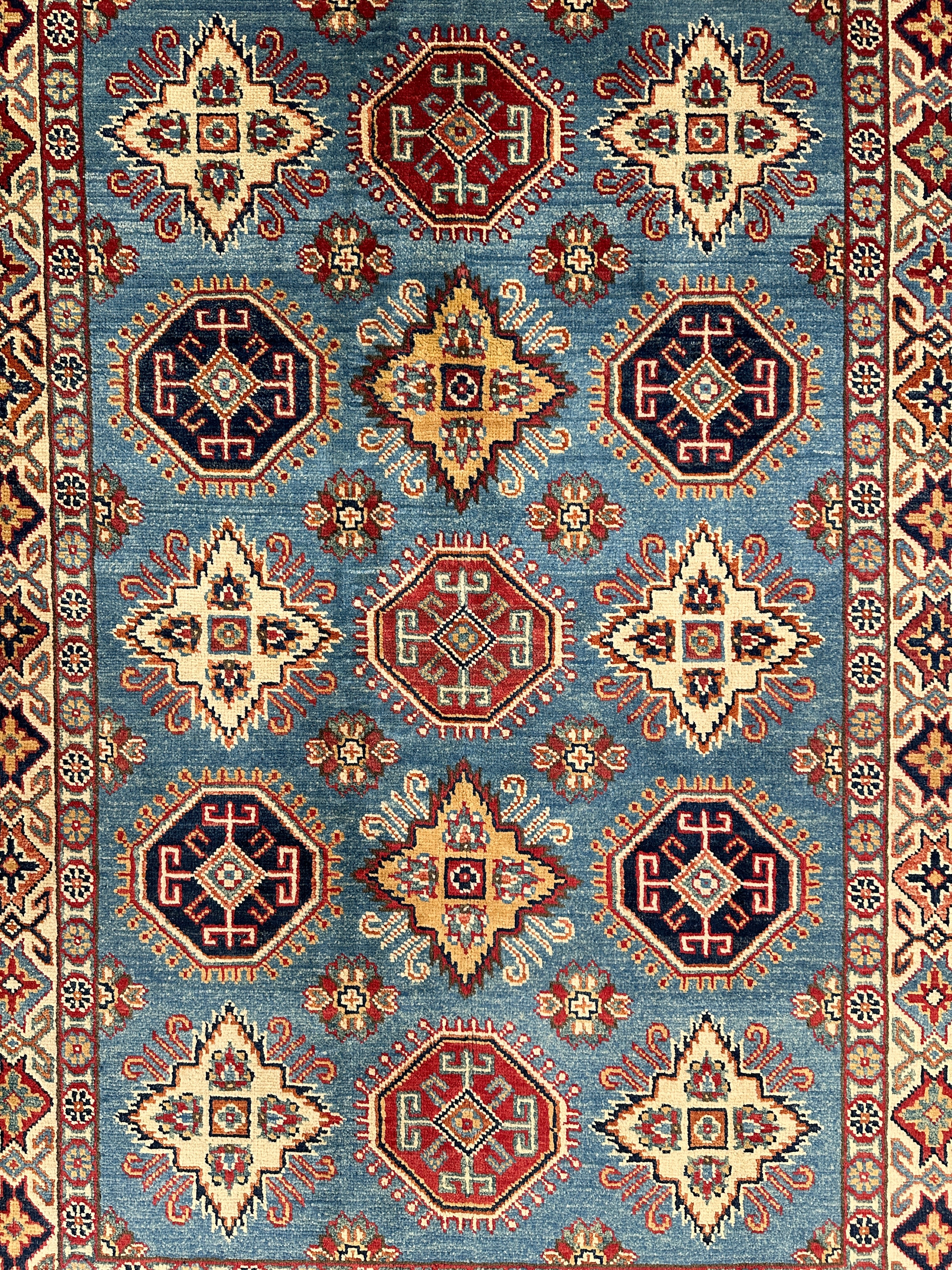 Hand-Knotted Afghan Kazak Wool Rug | Blue, Cream & Red Tribal Design | 4'1″ x 5'11″
