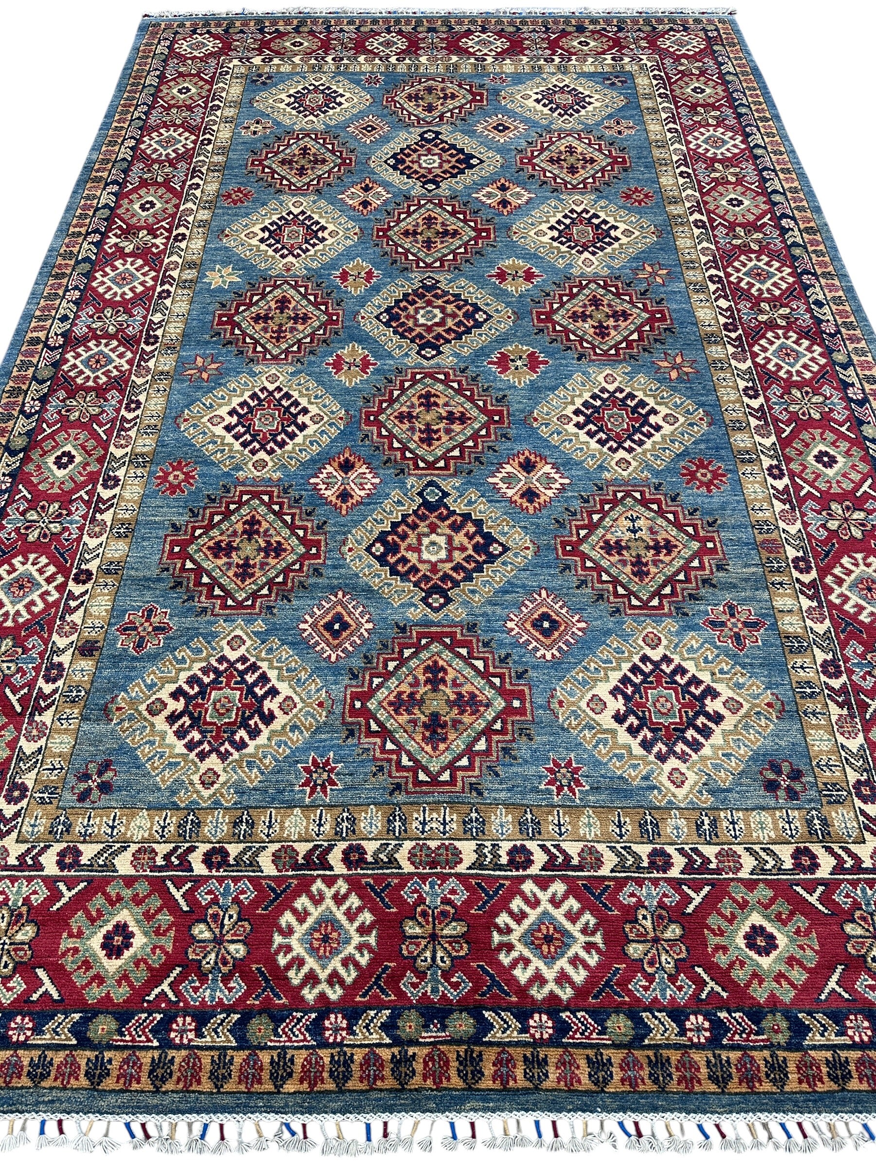 Hand-Knotted Afghani Kazak Wool Rug | Geometric Design | 6′5″ x 10′
